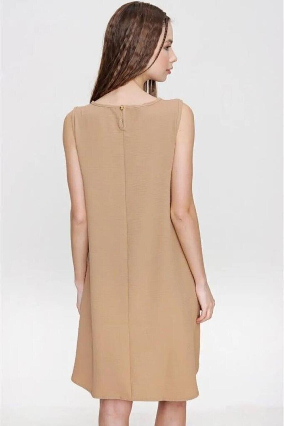 Mini A-Line Airobin Wicker Pocket Dress - Cream Beige - Pasaklı Giyim