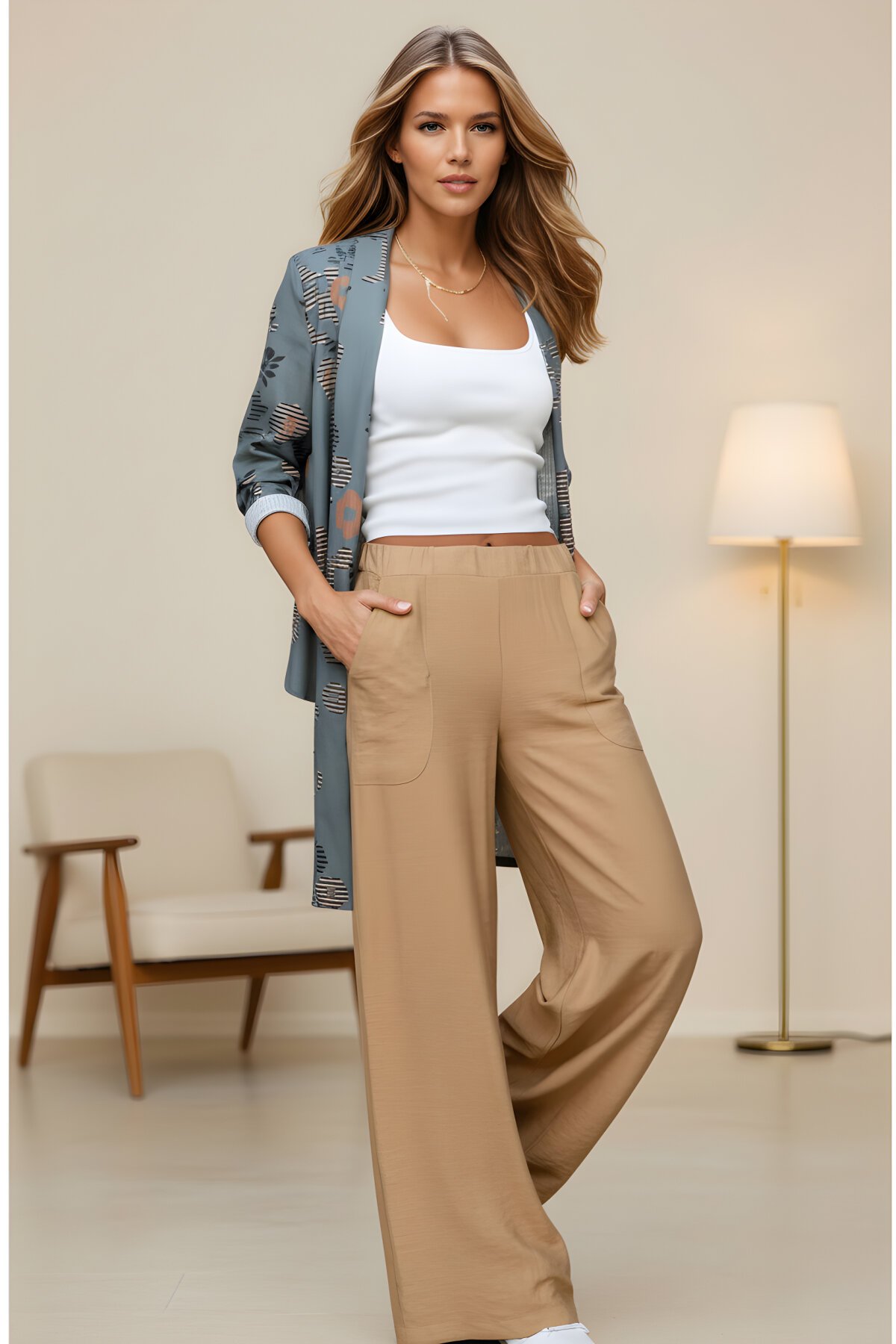 Krem Bol Paça Rahat Yazlık Beli Lastikli Çift Cepli Keten Dokulu Pantolon