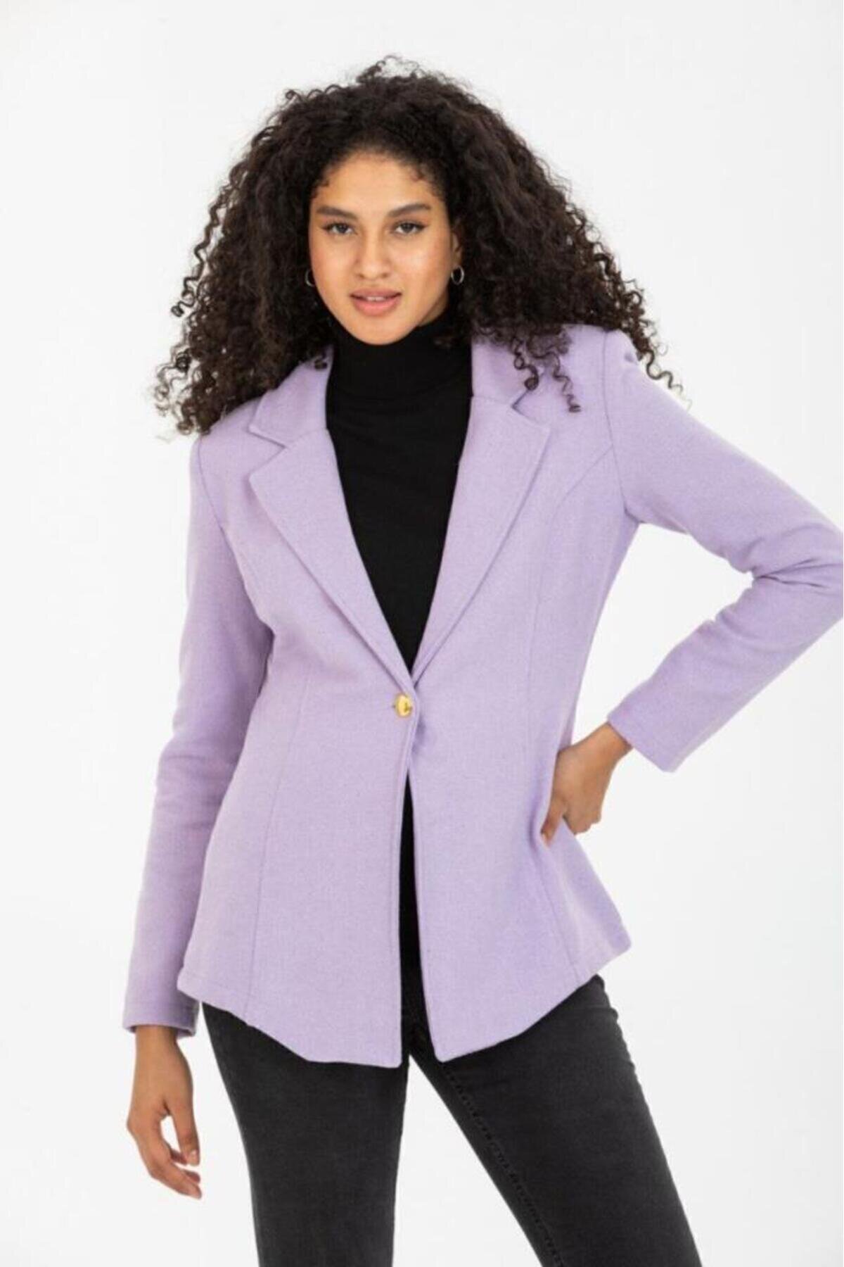 Winter Blazer Self-Patterned Lined Cashmere-Blend Single-Button Jacket - Lilac - Pasaklı Giyim