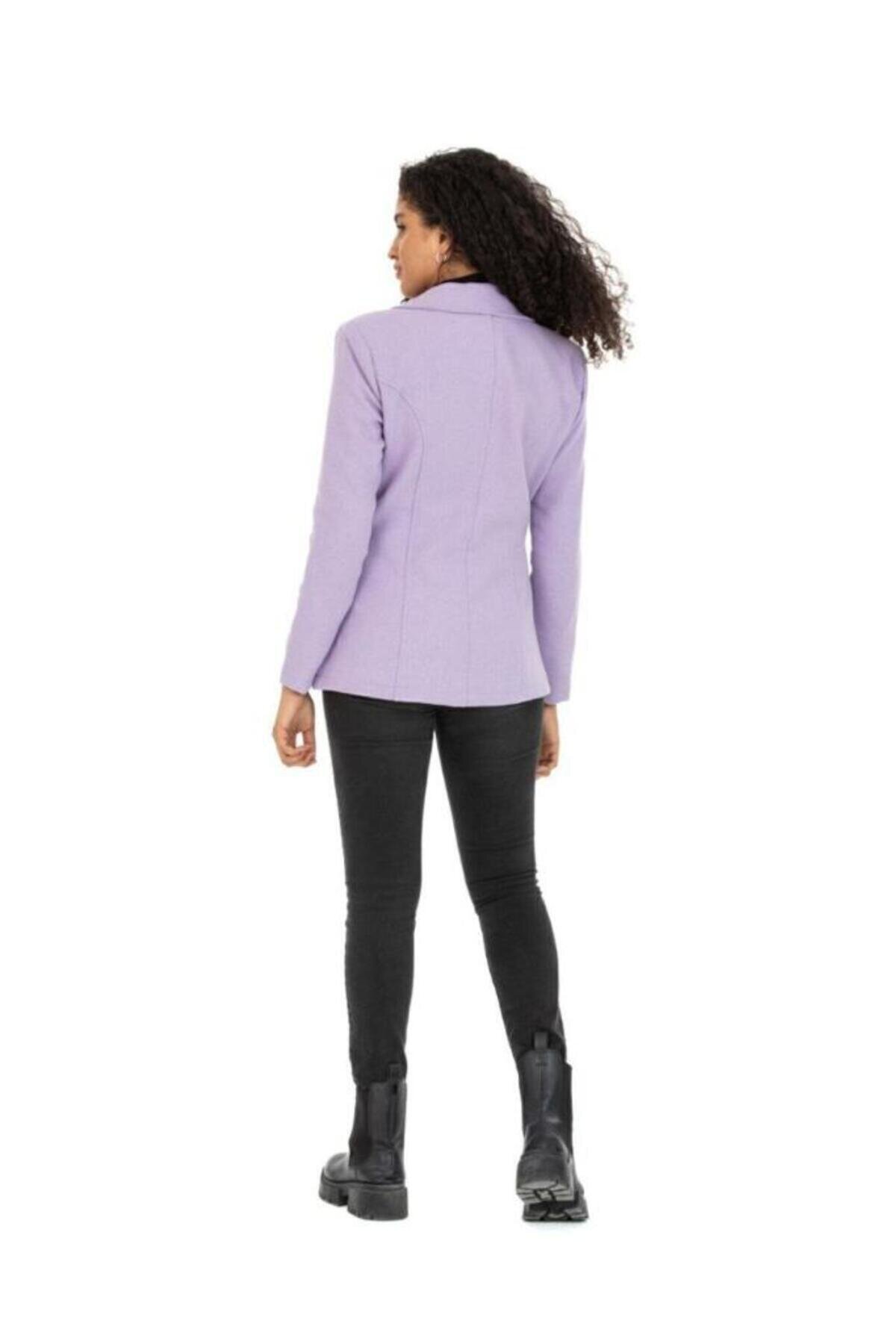 Winter Blazer Self-Patterned Lined Cashmere-Blend Single-Button Jacket - Lilac - Pasaklı Giyim