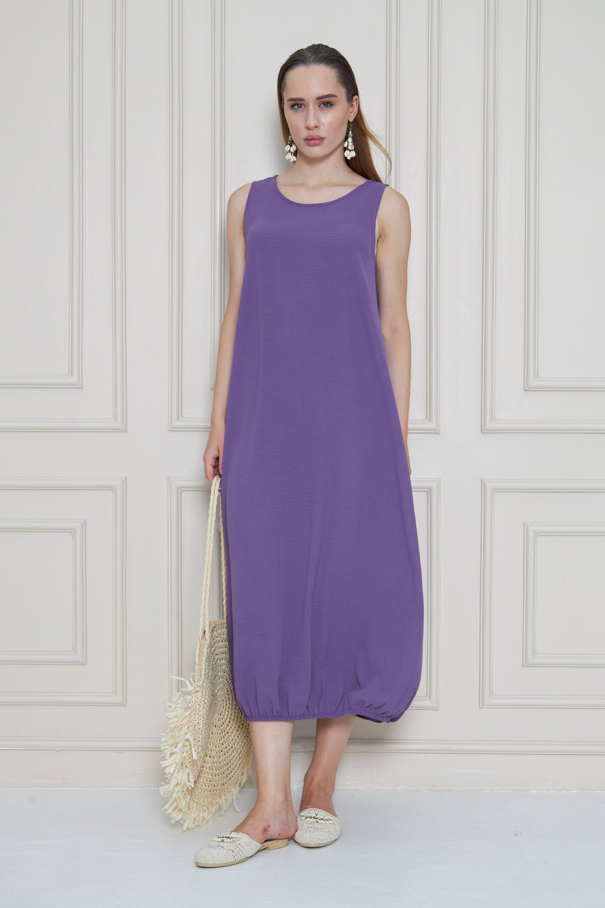 Midi Relaxed Fit Summer Airobin Elasticized Skirt Dress - Lilac - Pasaklı Giyim