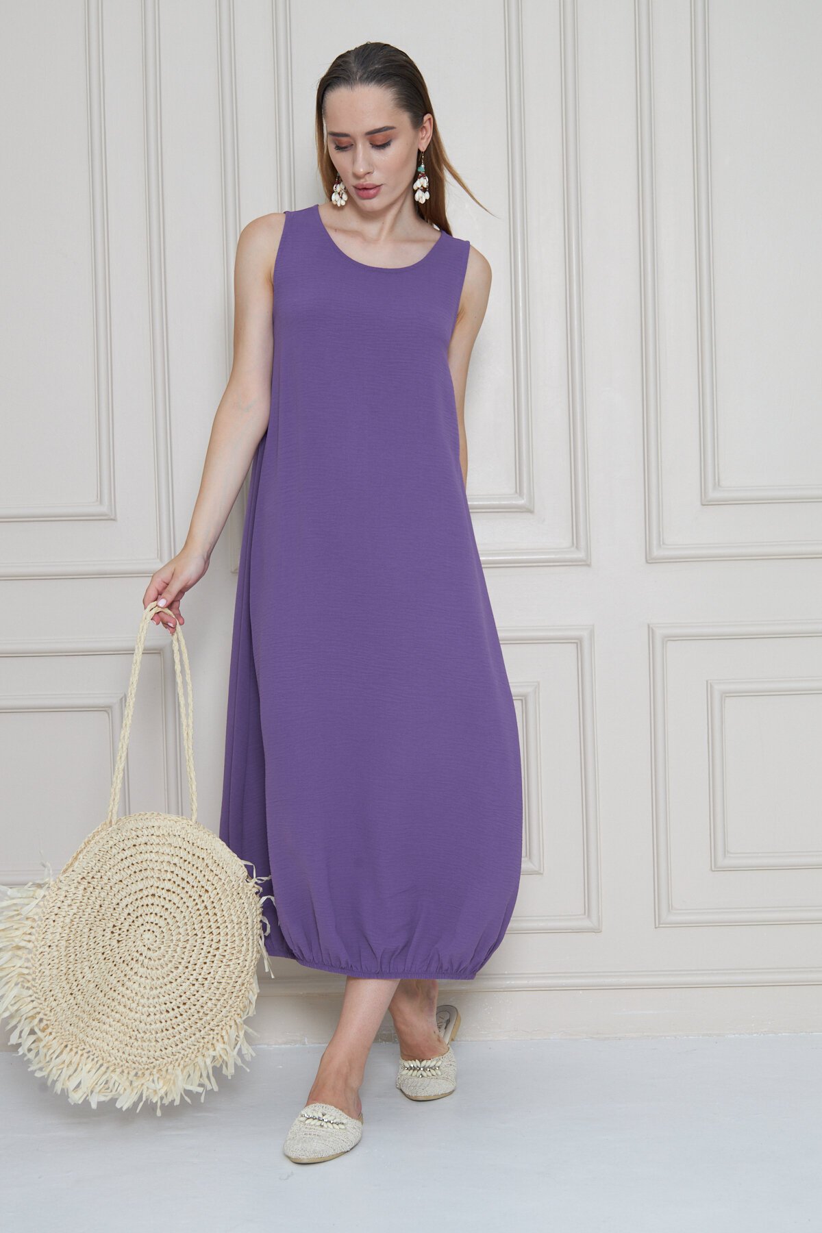 Midi Relaxed Fit Summer Airobin Elasticized Skirt Dress - Lilac - Pasaklı Giyim
