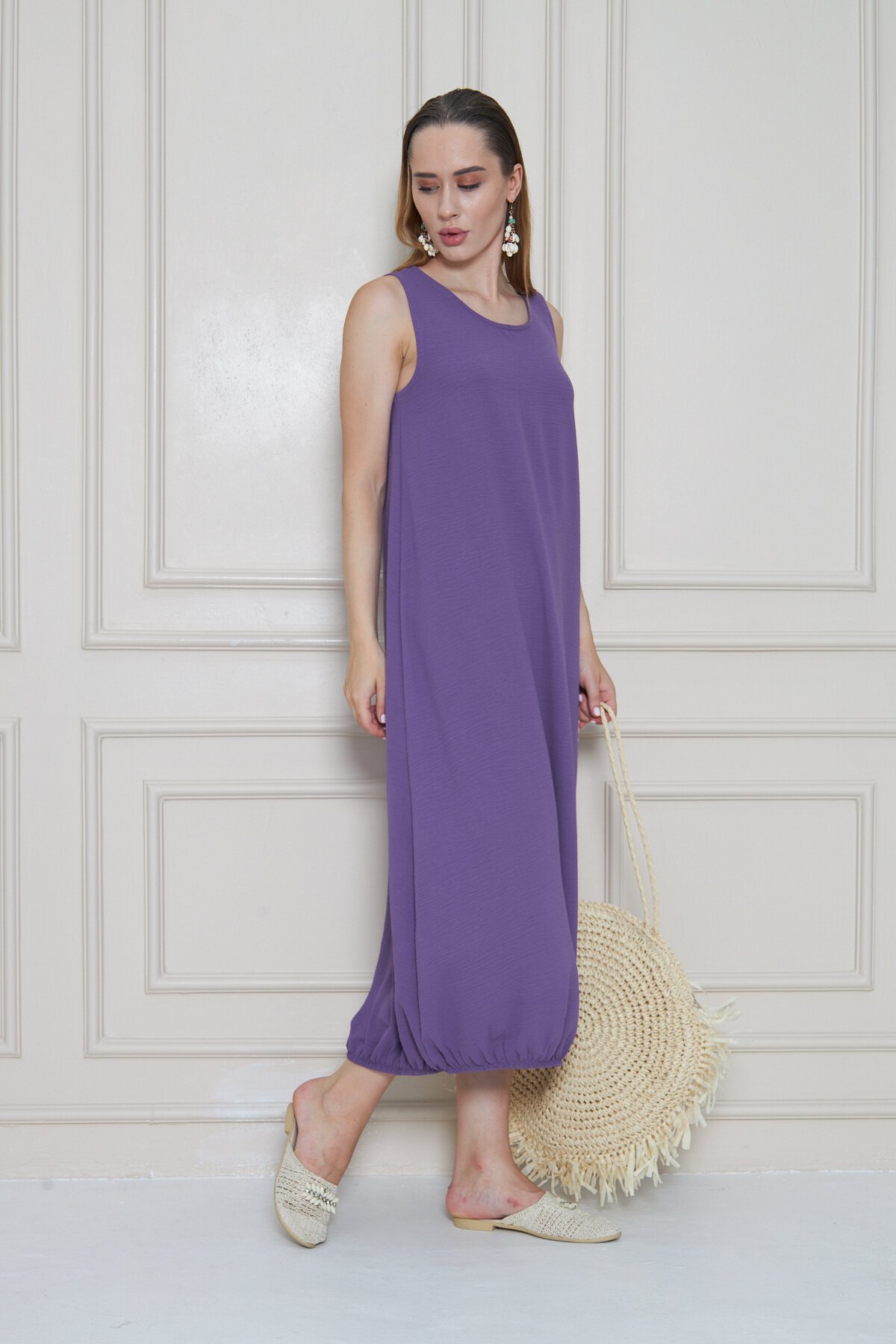 Midi Relaxed Fit Summer Airobin Elasticized Skirt Dress - Lilac - Pasaklı Giyim
