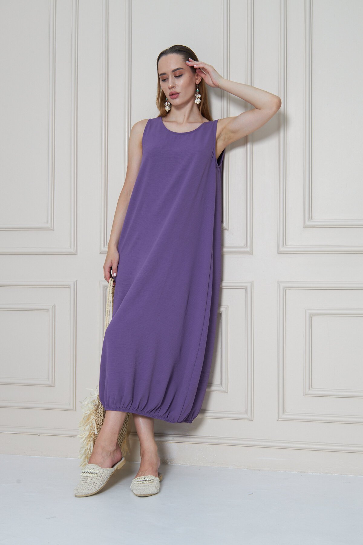 Midi Relaxed Fit Summer Airobin Elasticized Skirt Dress - Lilac - Pasaklı Giyim