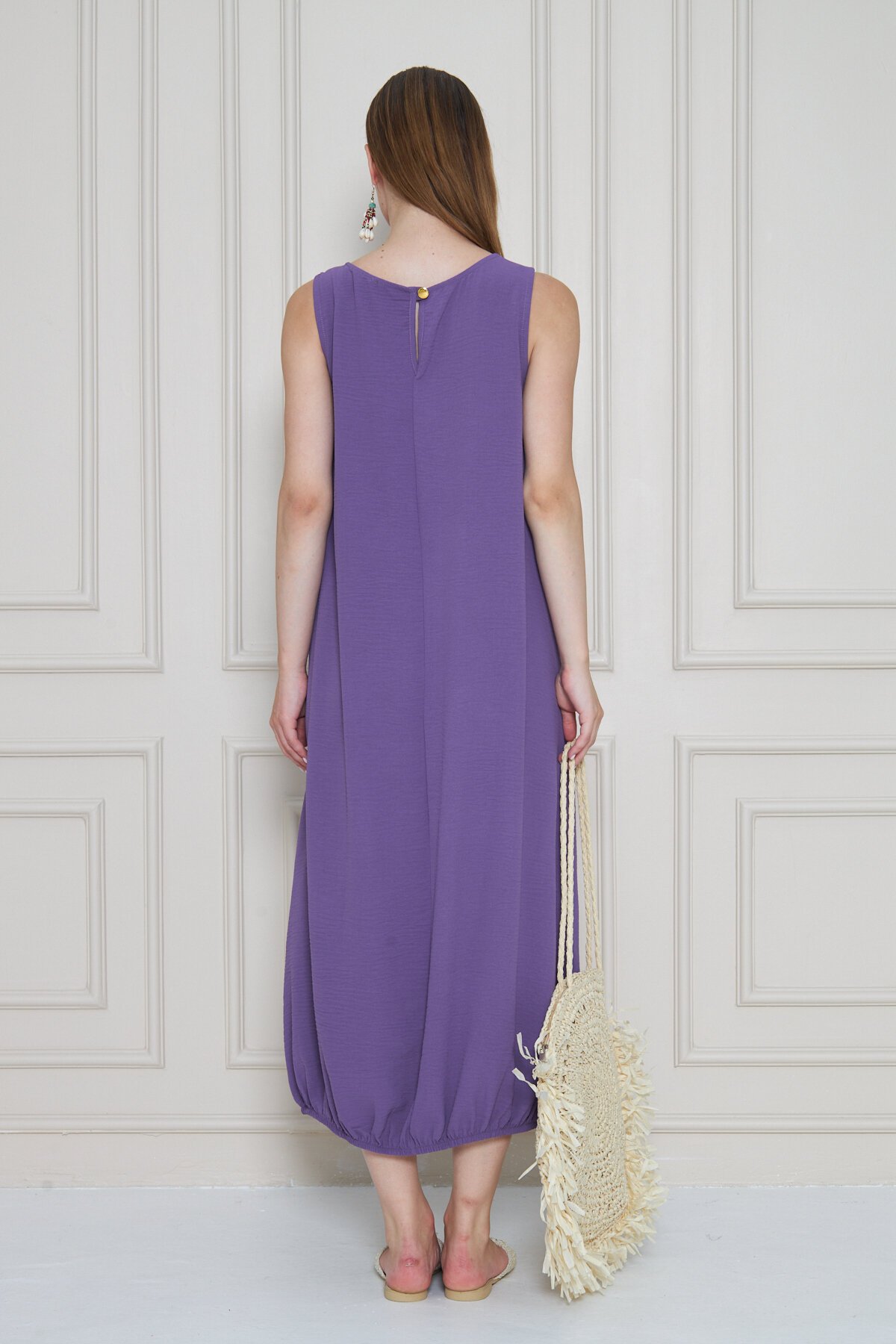 Midi Relaxed Fit Summer Airobin Elasticized Skirt Dress - Lilac - Pasaklı Giyim