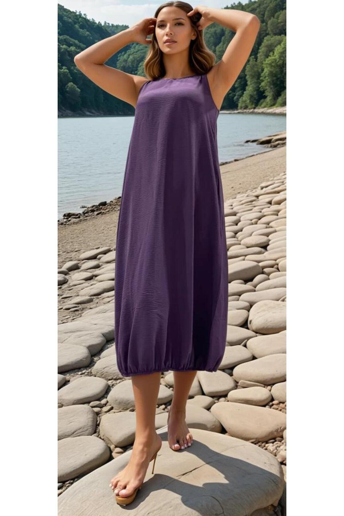 Midi Relaxed Fit Summer Airobin Elasticized Skirt Dress - Lilac - Pasaklı Giyim