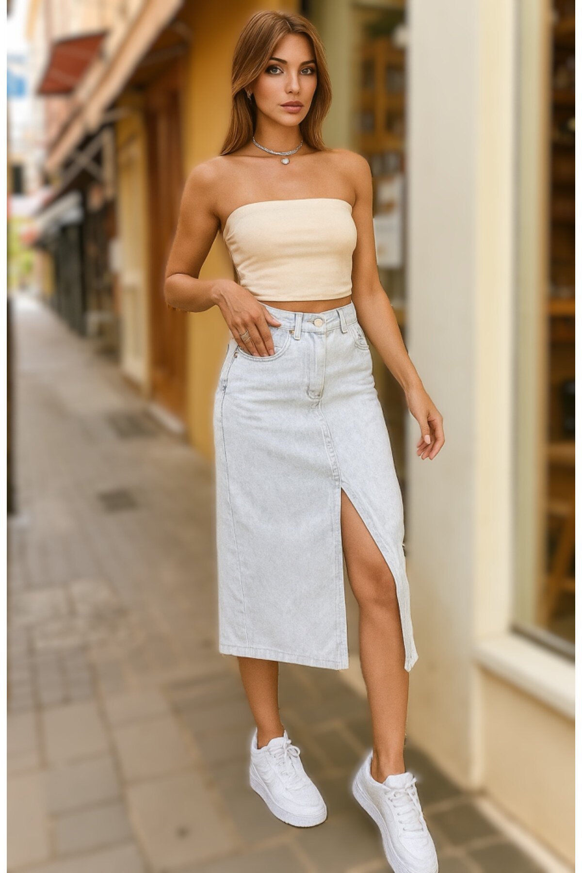 Midi Denim Slit Front and Back Pocket Skirt - Blue and White - Pasaklı Giyim