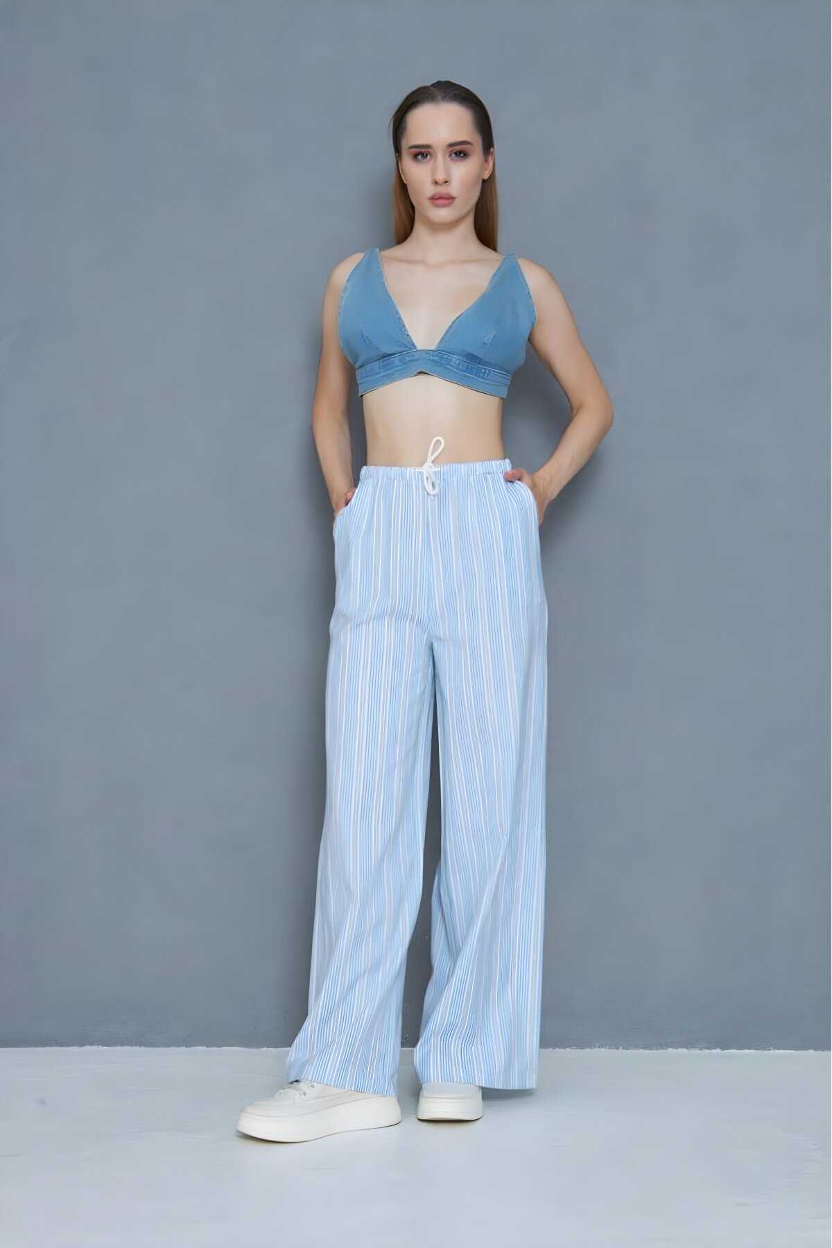 Mavi Poplin Bol Paça Beli Bağcıklı Cepli Fisto Detaylı Pantolon