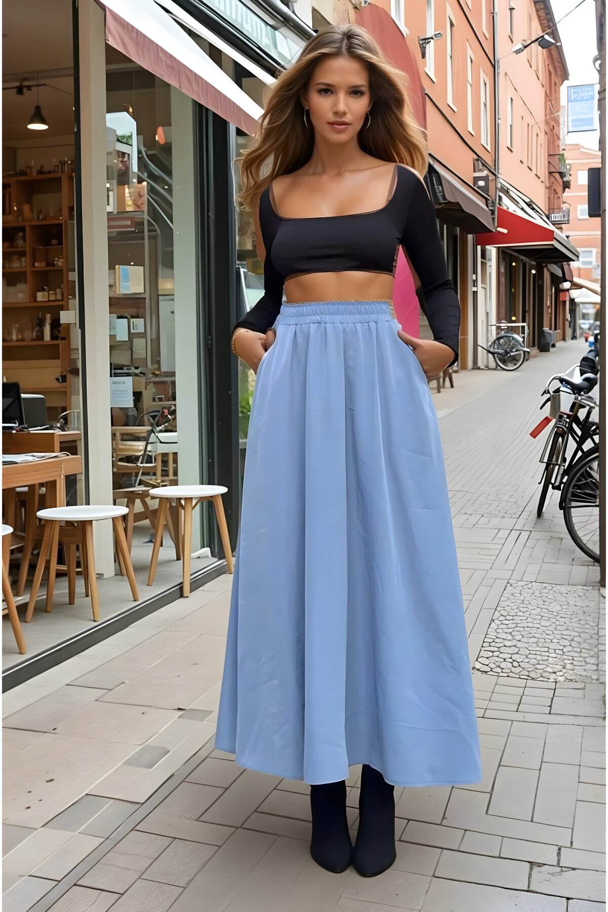 Mavi Uzun A Kesim Salaş Yüksek Bel Kupra Beli Lastikli Etek