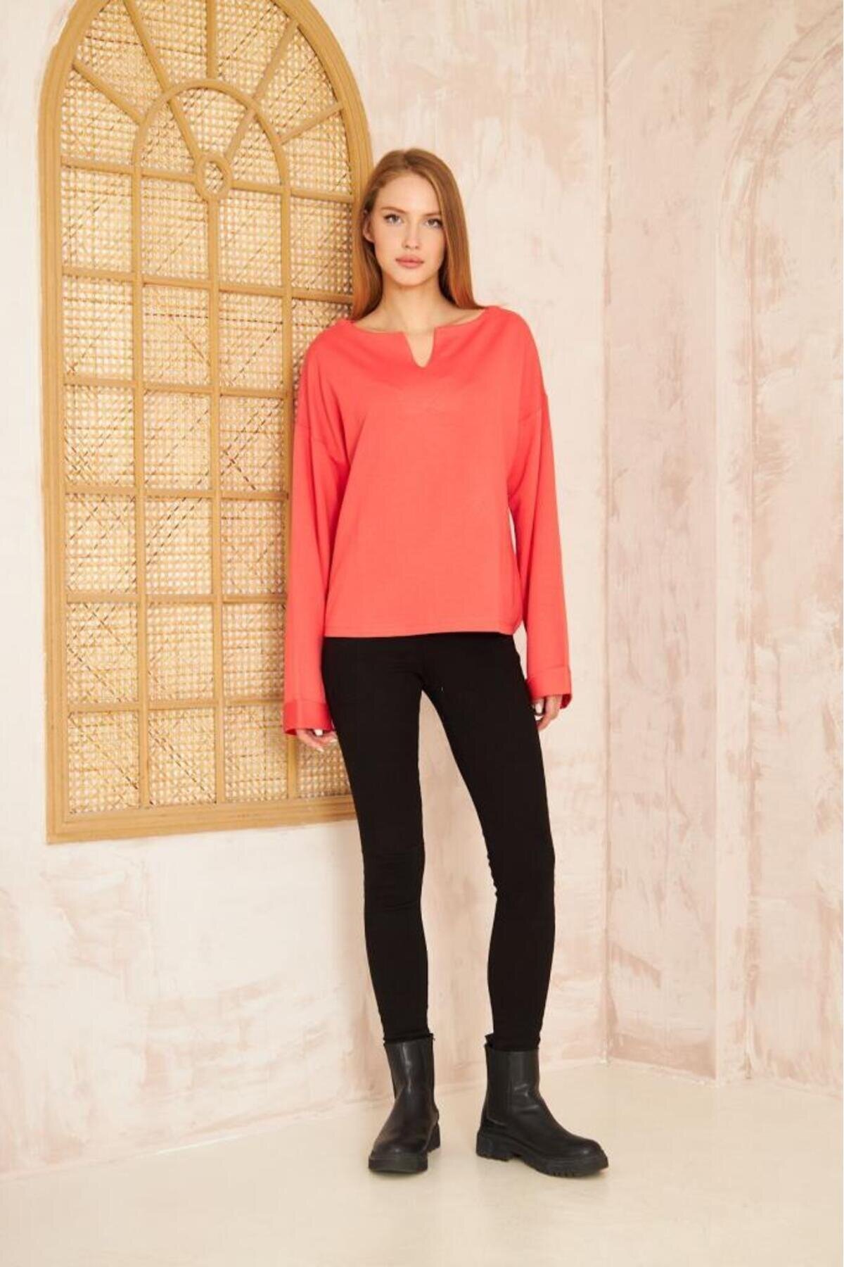 Extra Long Relaxed Fit Double-Sleeve Slit-Neck Sweatshirt - Coral - Pasaklı Giyim