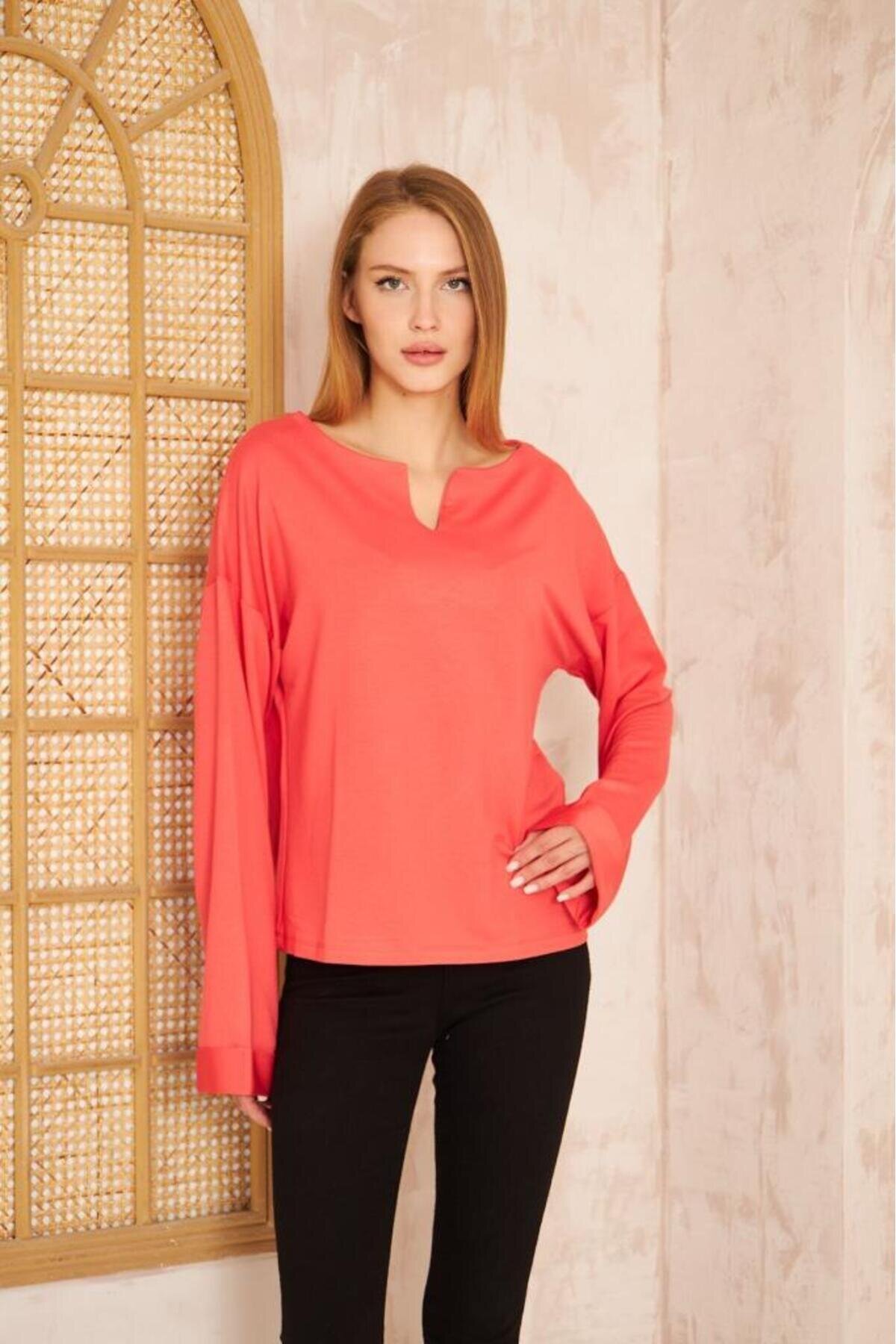 Extra Long Relaxed Fit Double-Sleeve Slit-Neck Sweatshirt - Coral - Pasaklı Giyim