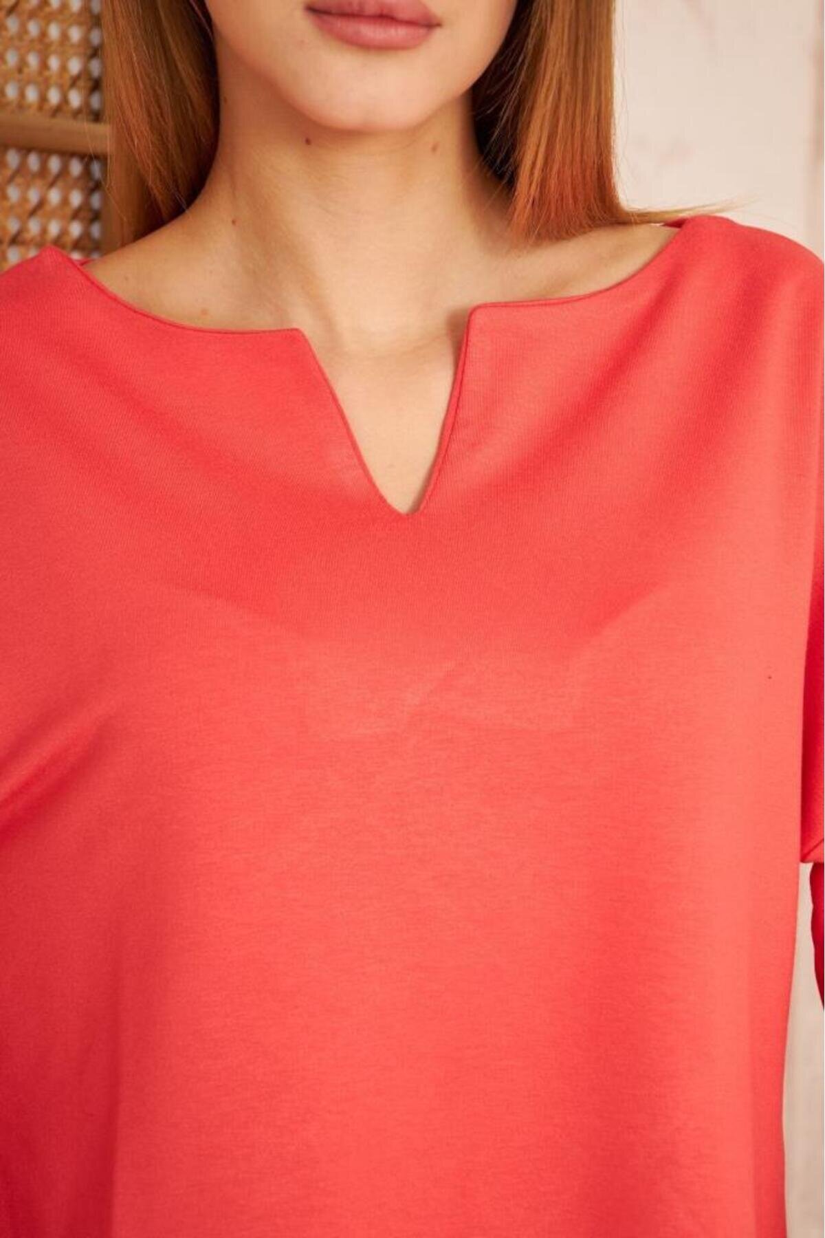 Extra Long Relaxed Fit Double-Sleeve Slit-Neck Sweatshirt - Coral - Pasaklı Giyim