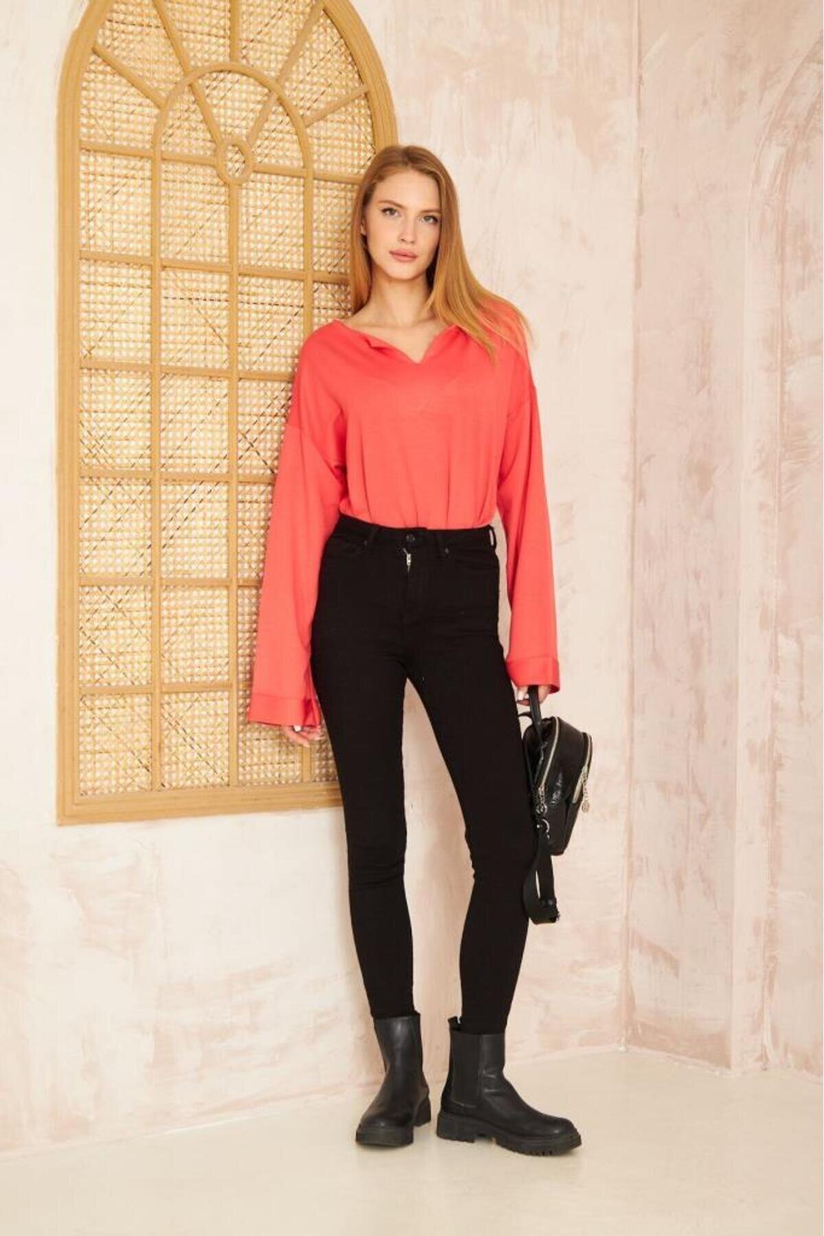 Extra Long Relaxed Fit Double-Sleeve Slit-Neck Sweatshirt - Coral - Pasaklı Giyim