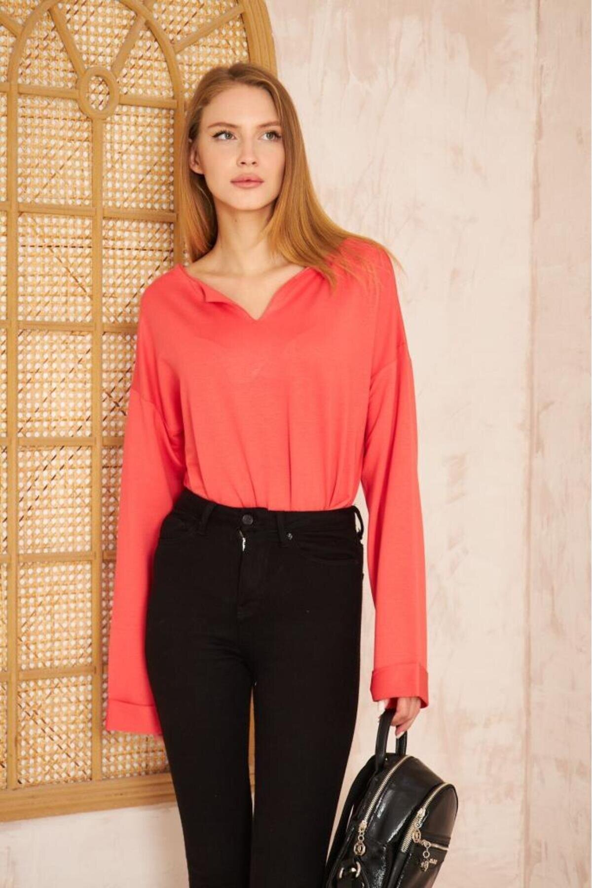 Extra Long Relaxed Fit Double-Sleeve Slit-Neck Sweatshirt - Coral - Pasaklı Giyim