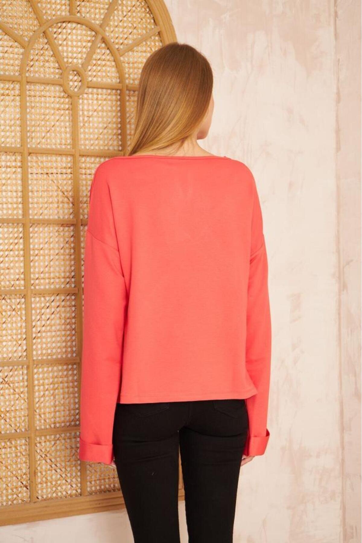 Extra Long Relaxed Fit Double-Sleeve Slit-Neck Sweatshirt - Coral - Pasaklı Giyim
