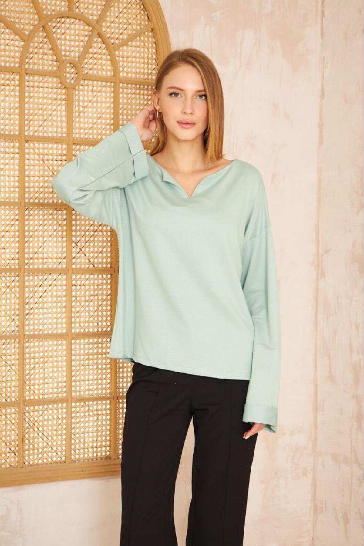 Extra Long Slouchy Split Neck Rolled Sleeve Sweatshirt - Mint - Pasaklı Giyim