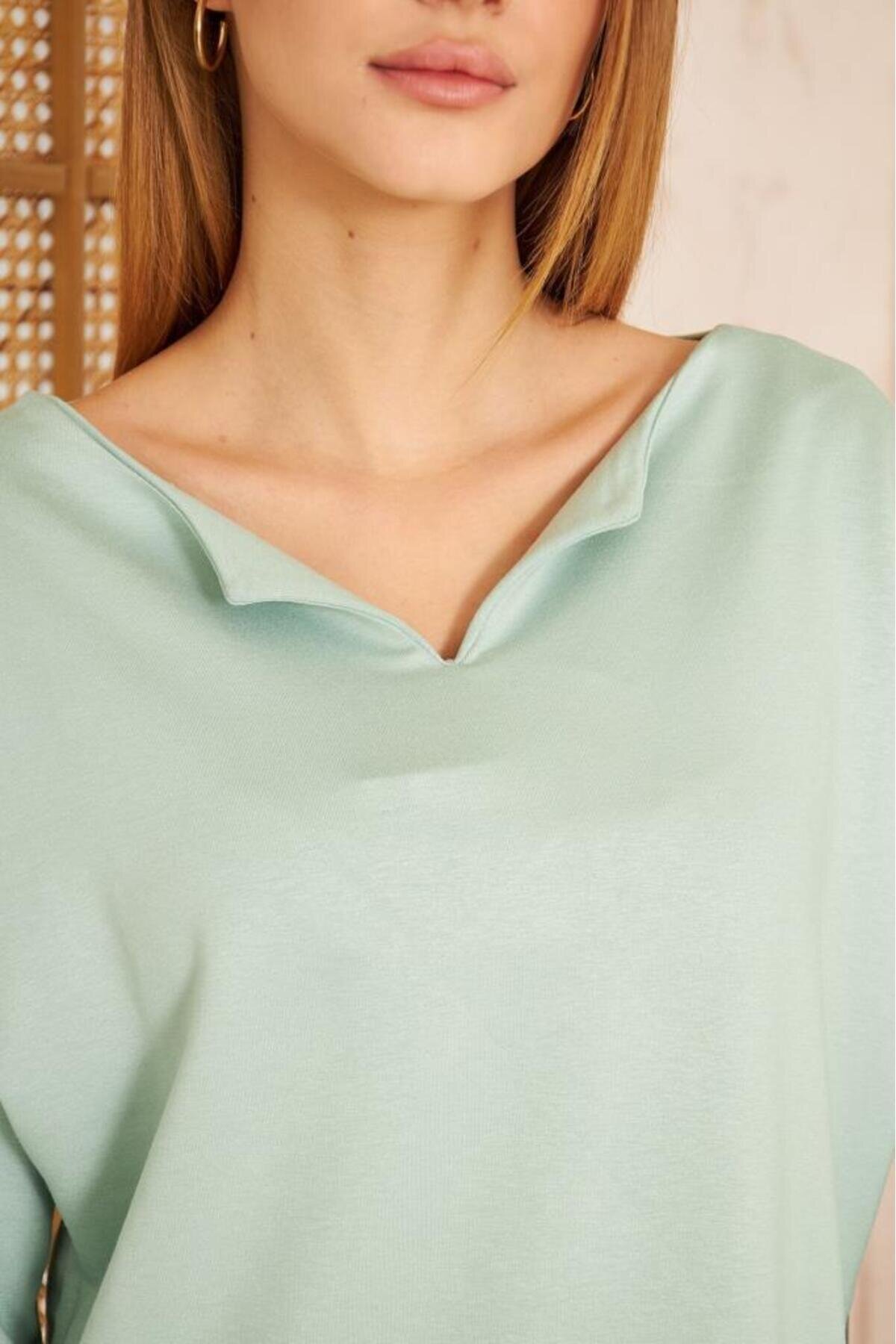 Extra Long Slouchy Split Neck Rolled Sleeve Sweatshirt - Mint - Pasaklı Giyim