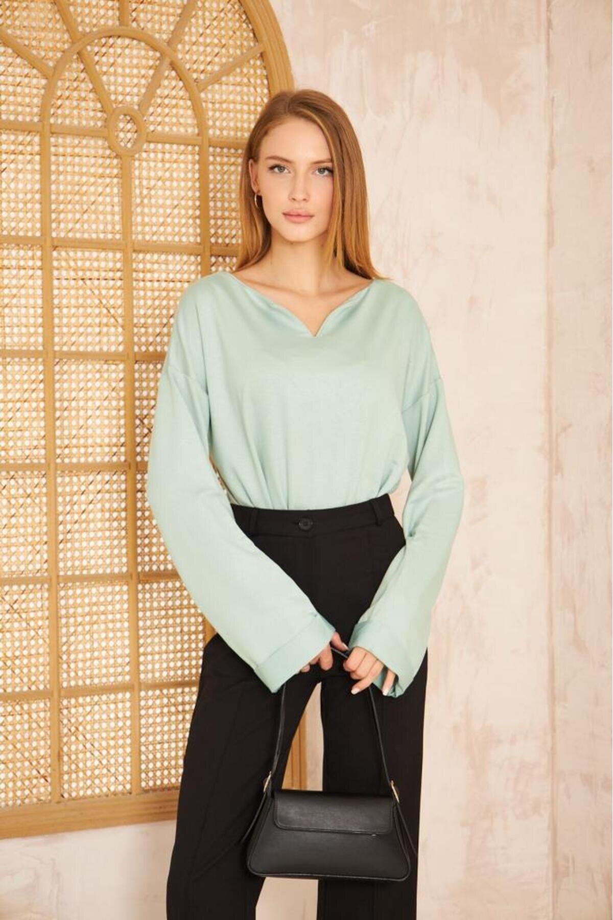Extra Long Slouchy Split Neck Rolled Sleeve Sweatshirt - Mint - Pasaklı Giyim