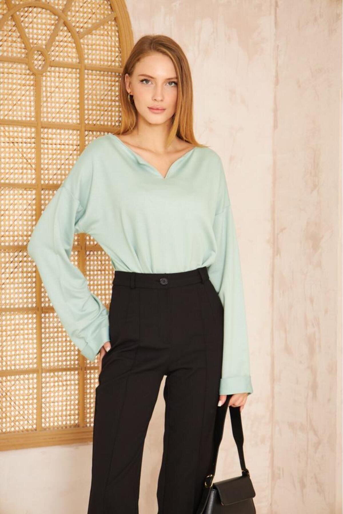 Extra Long Slouchy Split Neck Rolled Sleeve Sweatshirt - Mint - Pasaklı Giyim