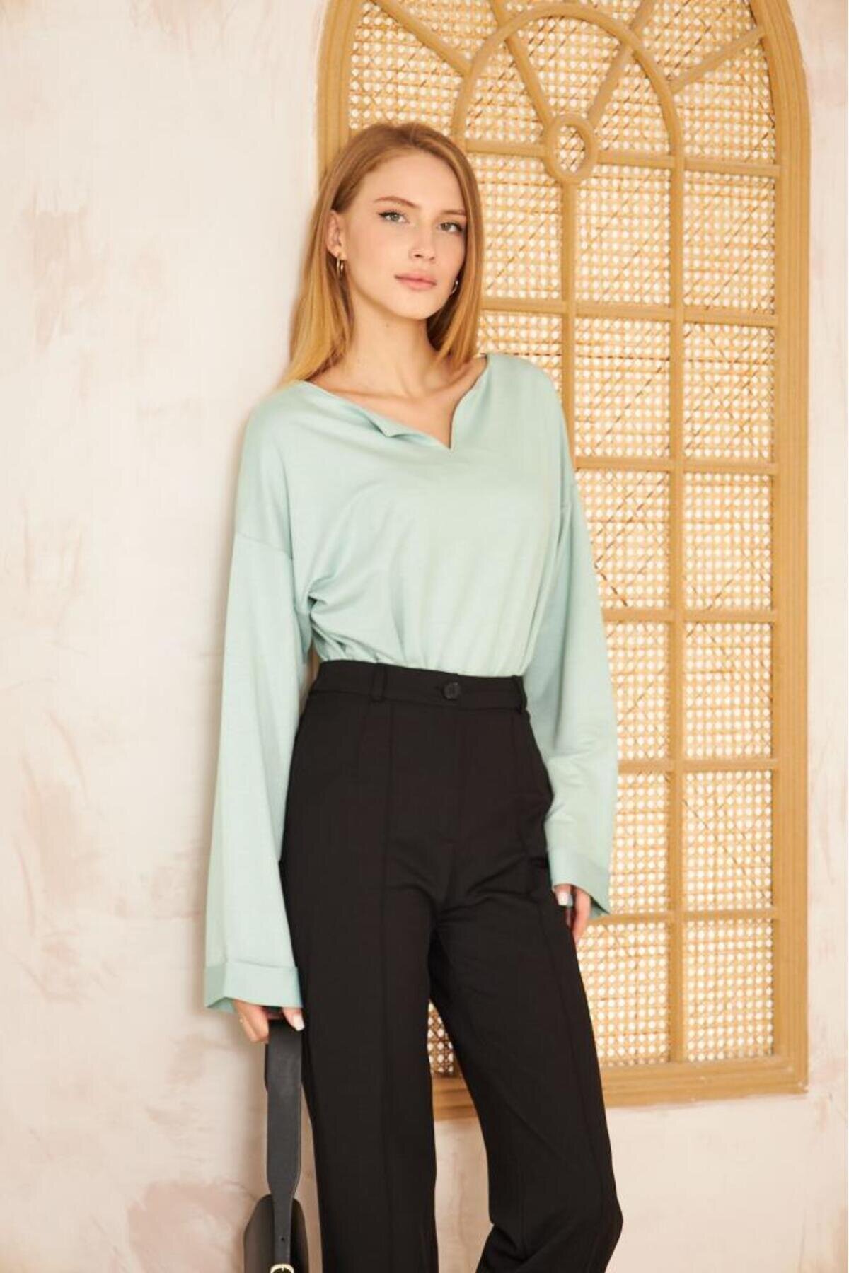 Extra Long Slouchy Split Neck Rolled Sleeve Sweatshirt - Mint - Pasaklı Giyim