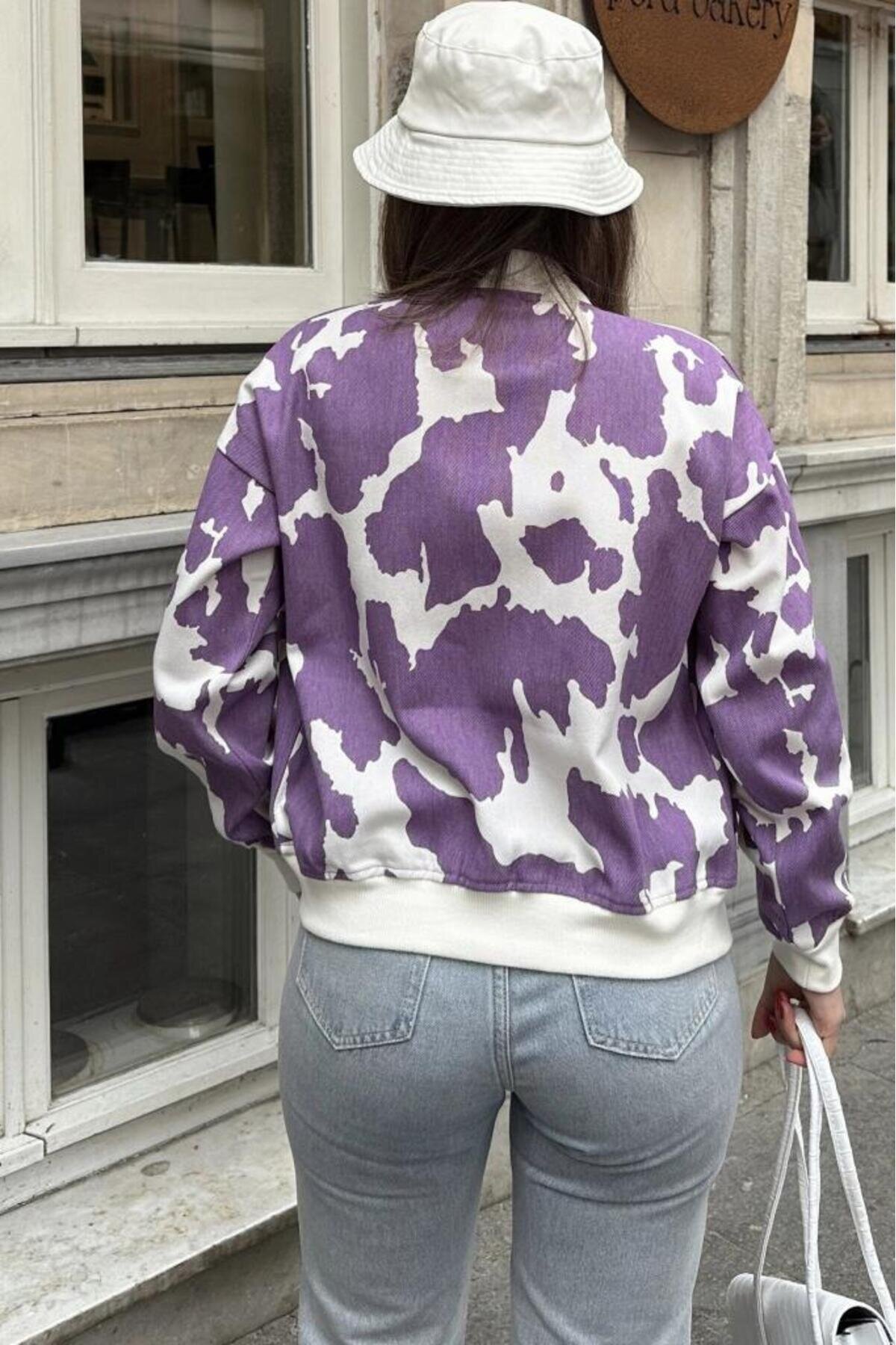 Bomber Patterned Gabardine Jacket - Purple - Pasaklı Giyim