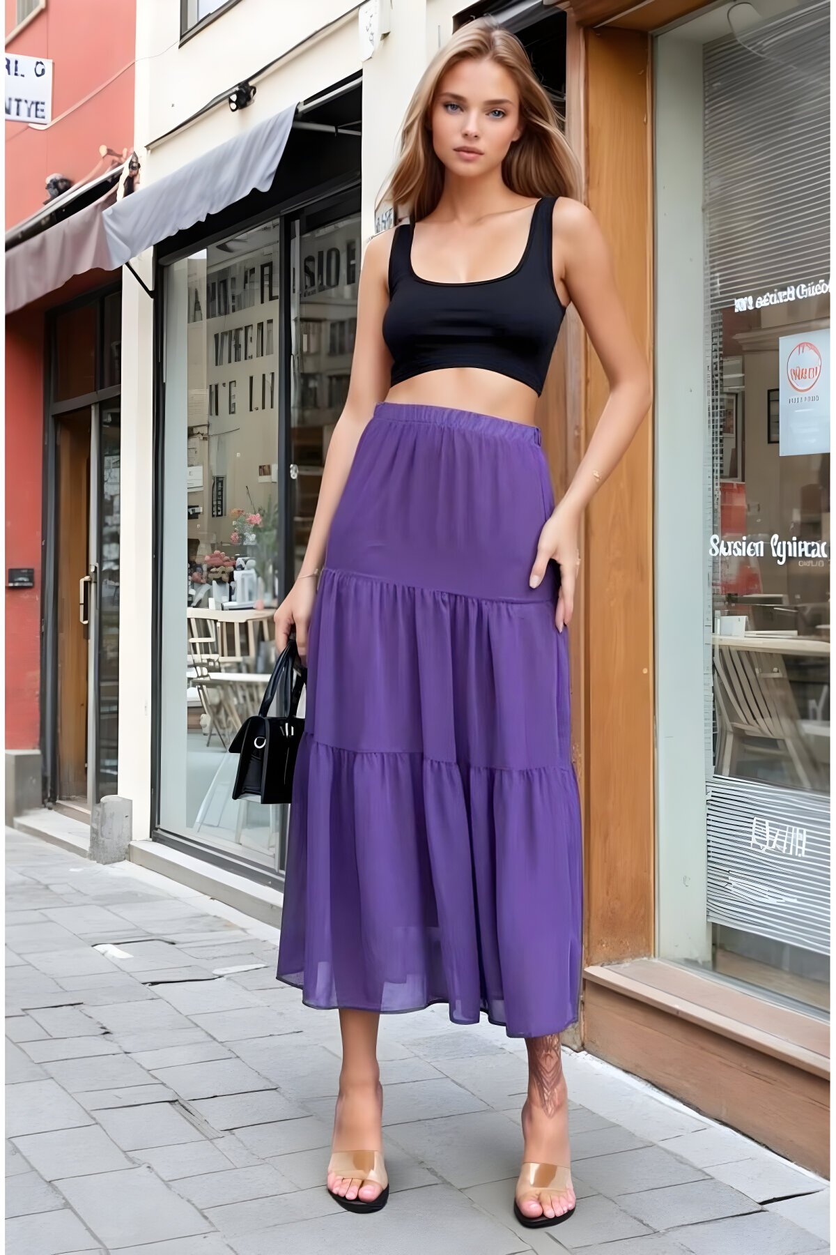 Mor Şifon Beli Lastikli İki Katlı Etek