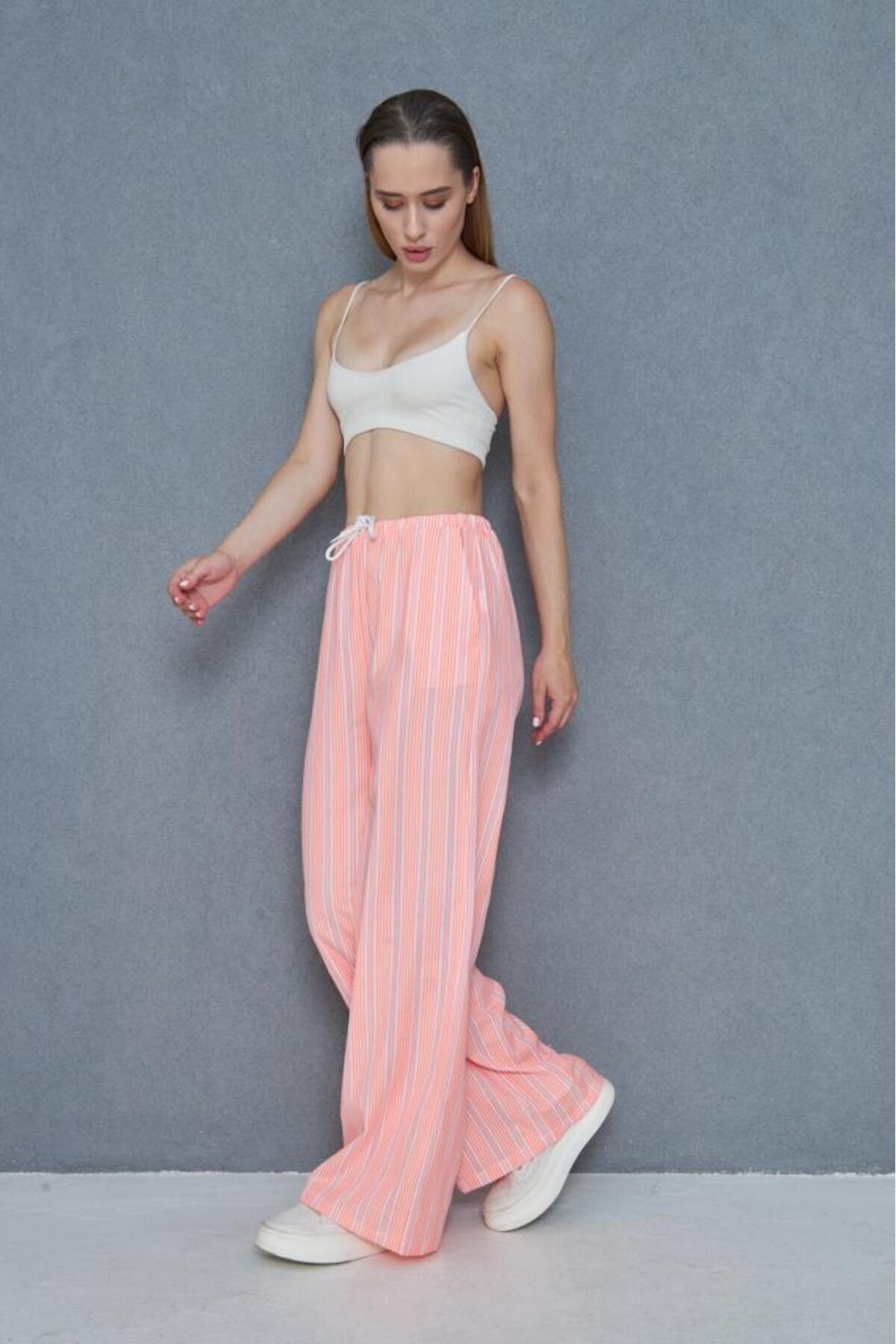 Wide Leg Poplin Pocketed Drawstring Eyelet Pants - Pink and White - Pasaklı Giyim