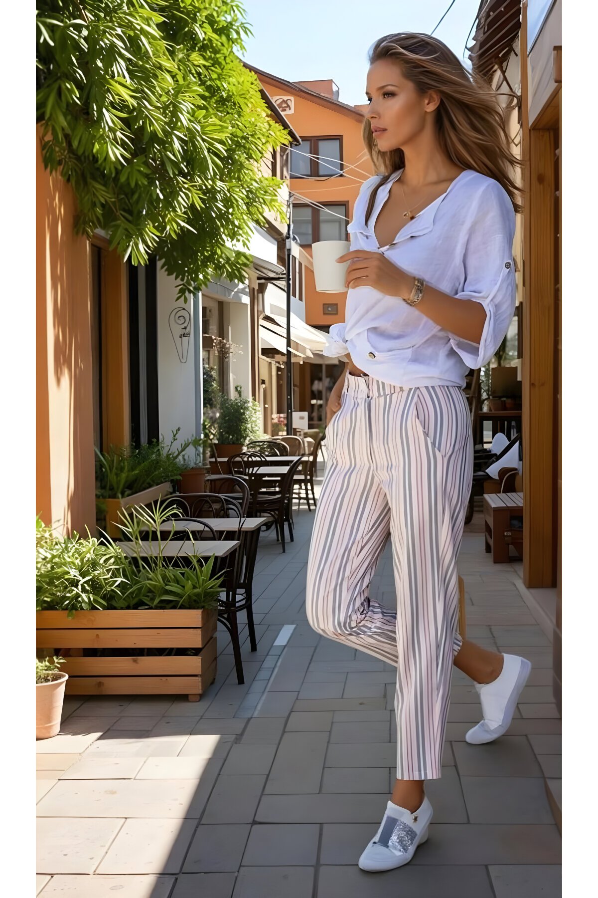 Pudra Dik Çizgili Dar Kesim Havuç Keten Cepli Pantolon - Pasaklı Giyim