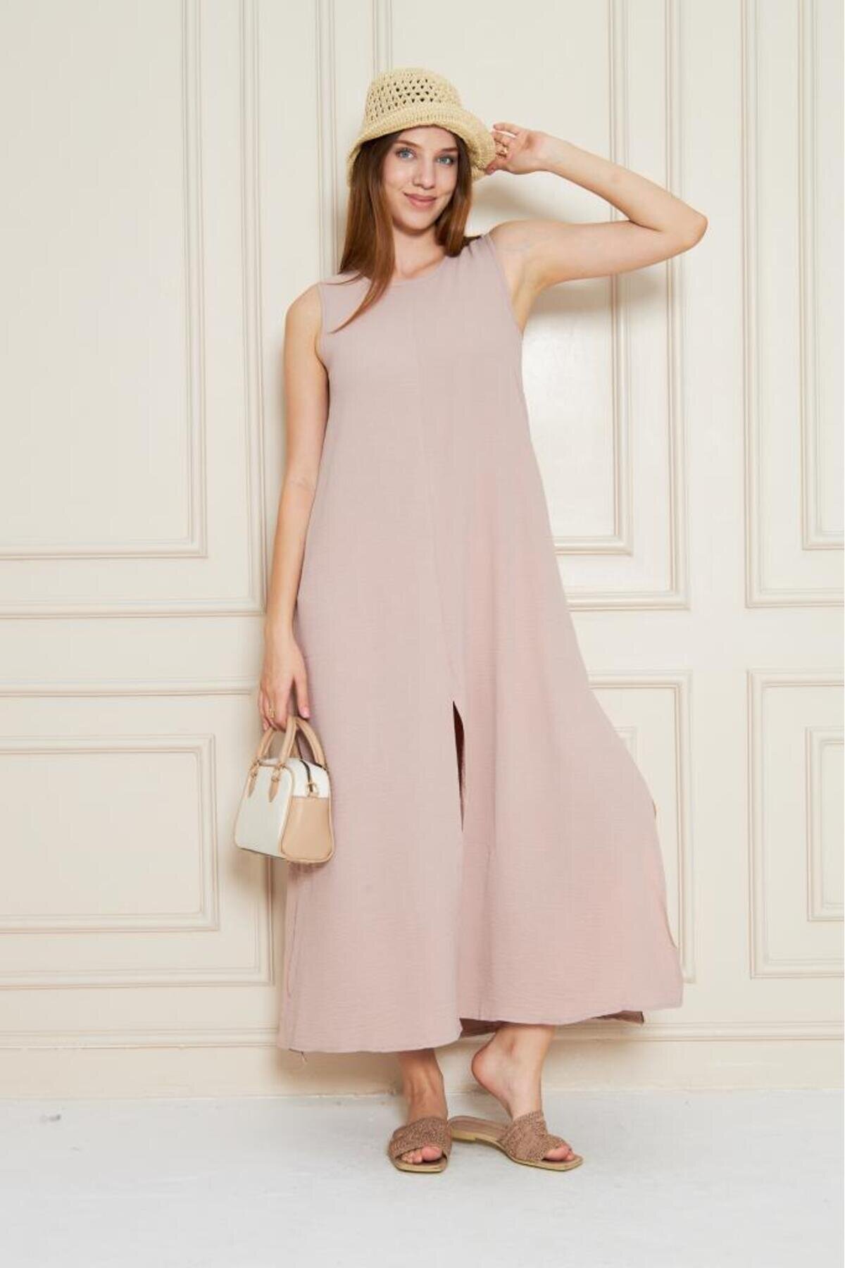 Long A-Line Sleeveless Slit Summer Dress - Blush - Pasaklı Giyim