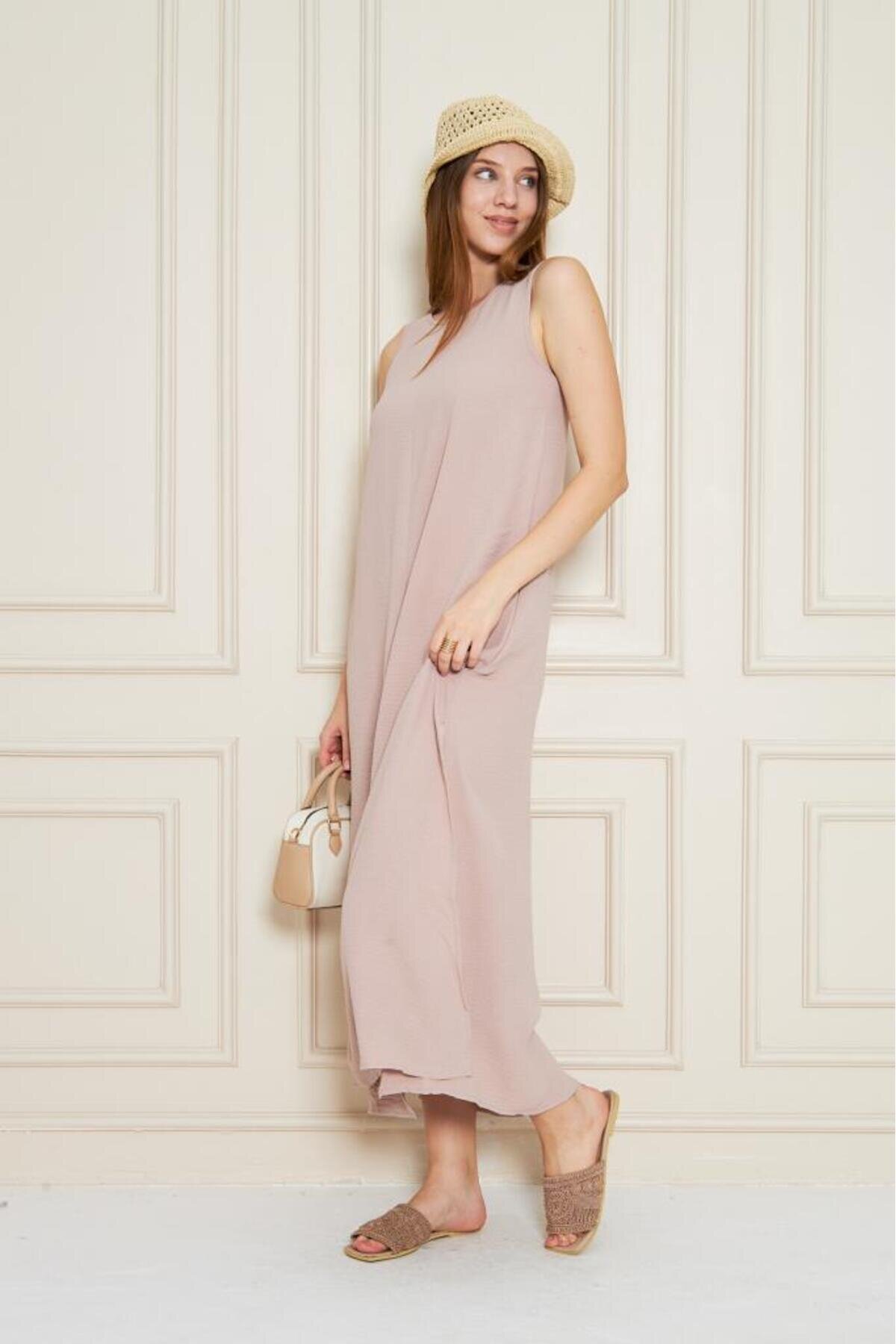 Long A-Line Sleeveless Slit Summer Dress - Blush - Pasaklı Giyim