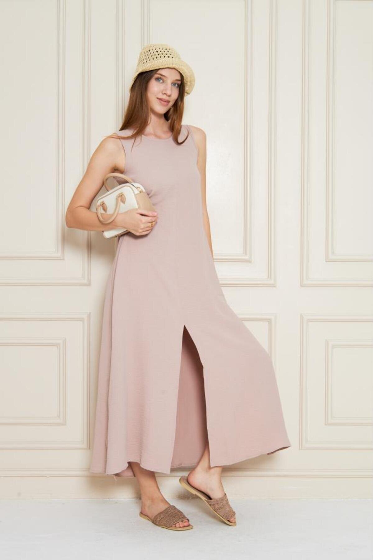 Long A-Line Sleeveless Slit Summer Dress - Blush - Pasaklı Giyim