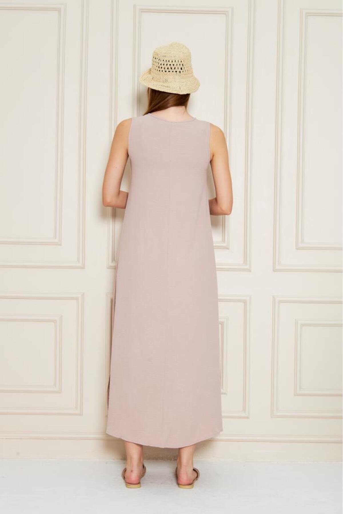 Long A-Line Sleeveless Slit Summer Dress - Blush - Pasaklı Giyim