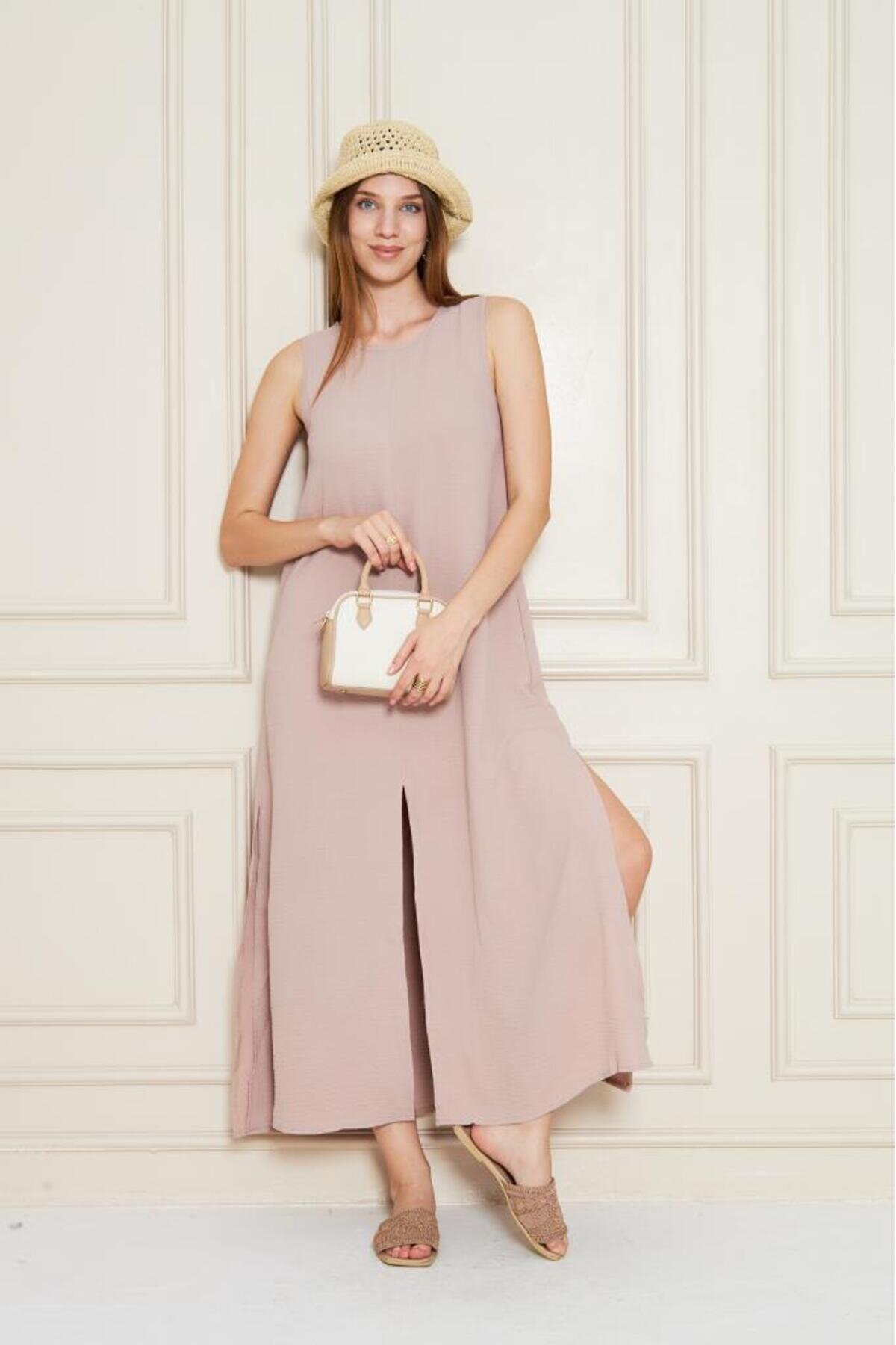 Long A-Line Sleeveless Slit Summer Dress - Blush - Pasaklı Giyim