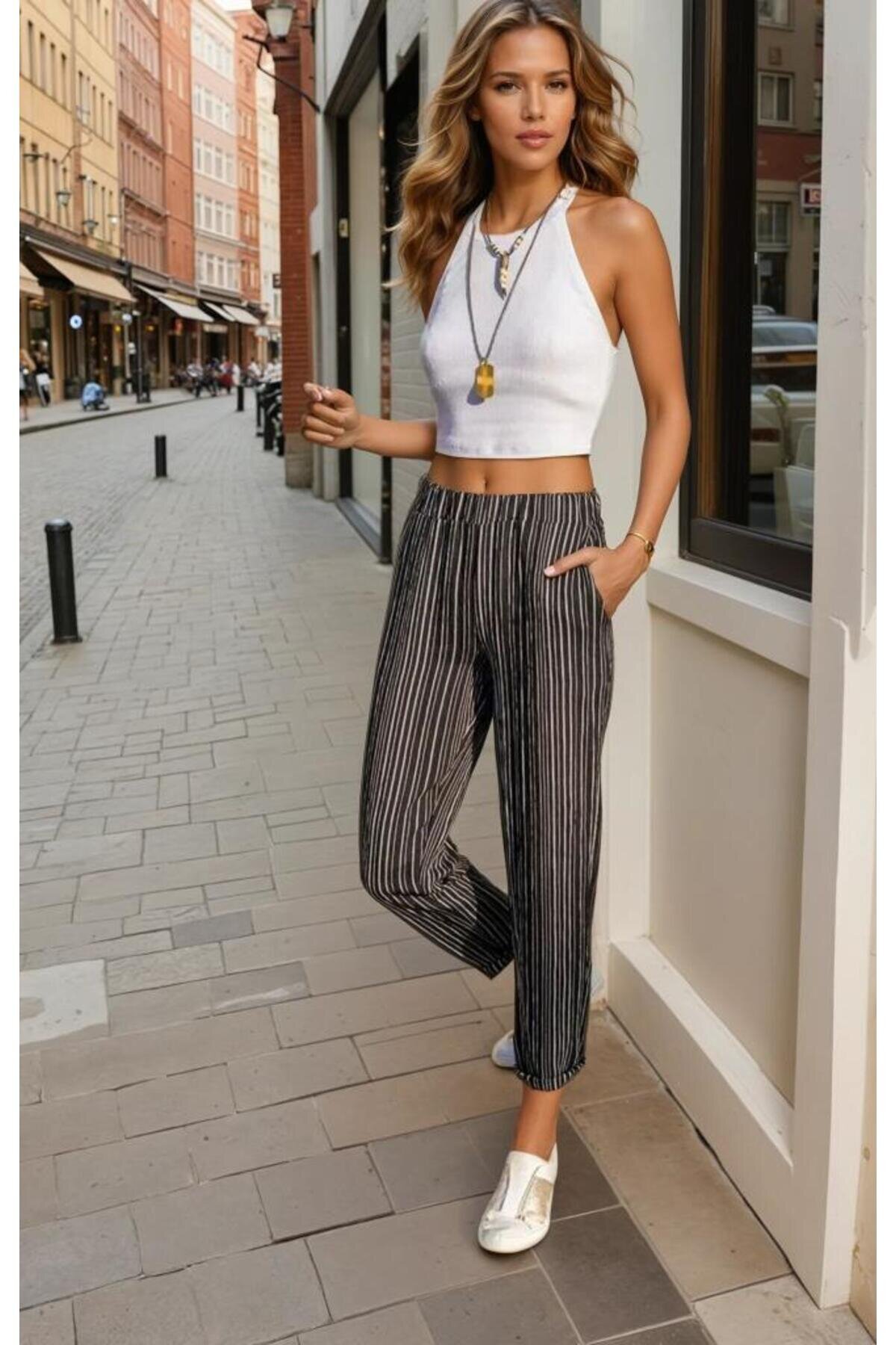 Summer Elastic Waist Vertical Striped Double Cuff Pocketed Pants - Black - Pasaklı Giyim