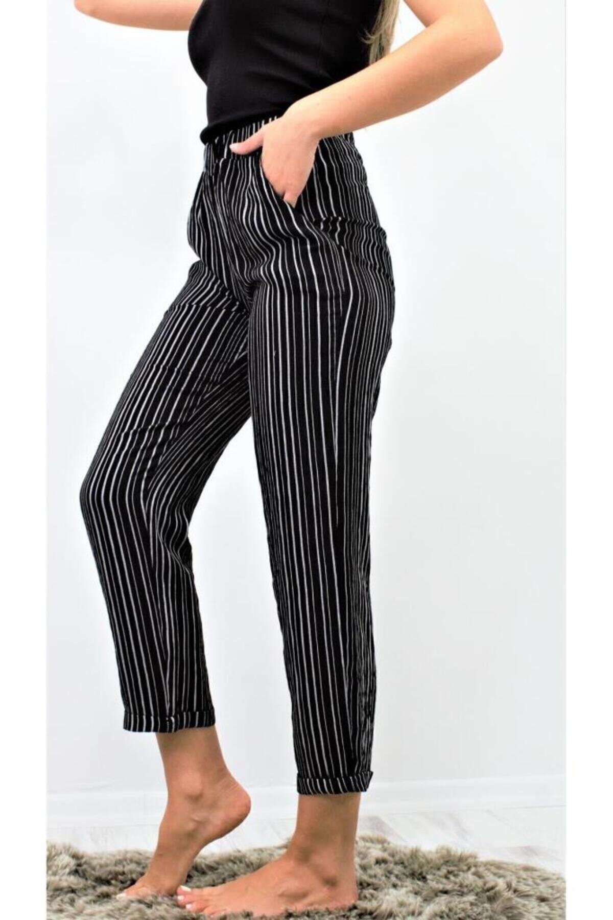 Summer Elastic Waist Vertical Striped Double Cuff Pocketed Pants - Black - Pasaklı Giyim