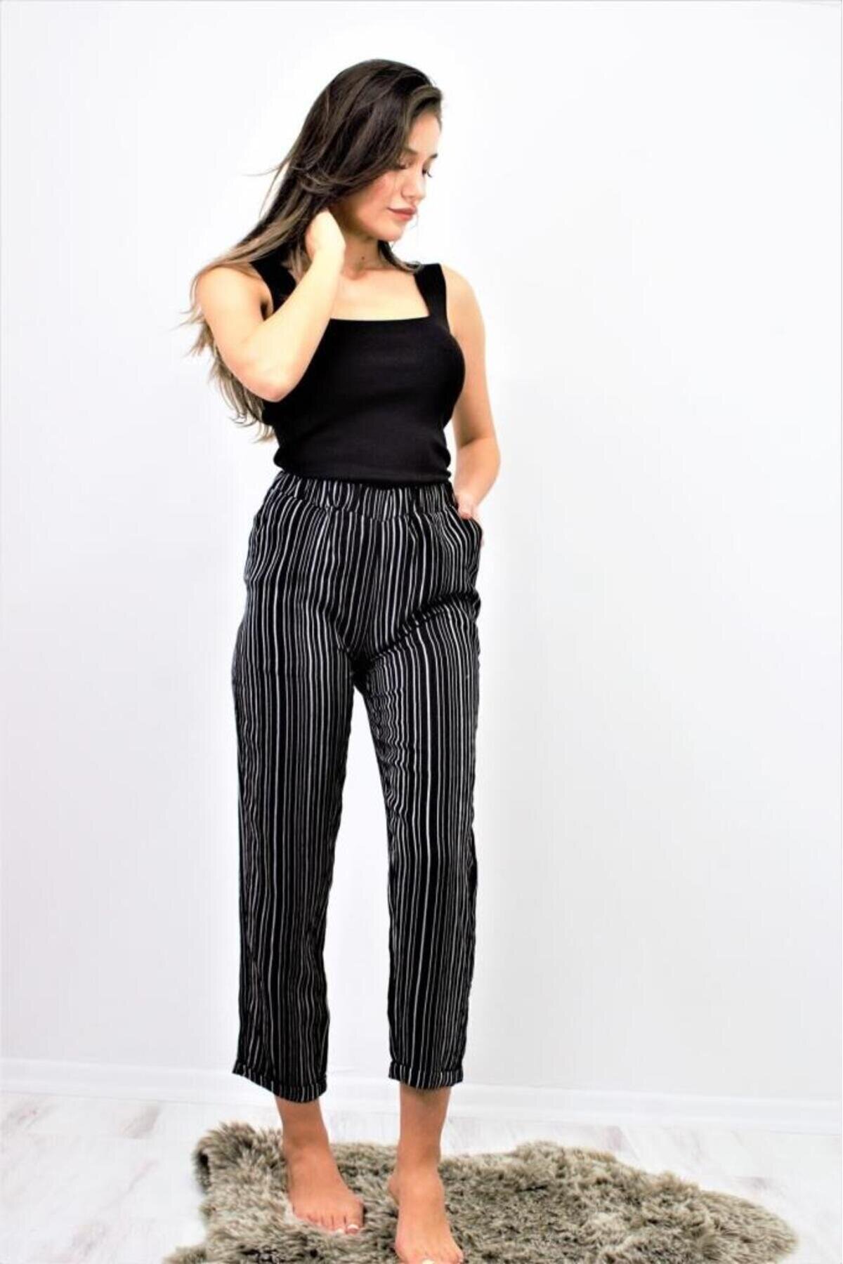 Summer Elastic Waist Vertical Striped Double Cuff Pocketed Pants - Black - Pasaklı Giyim