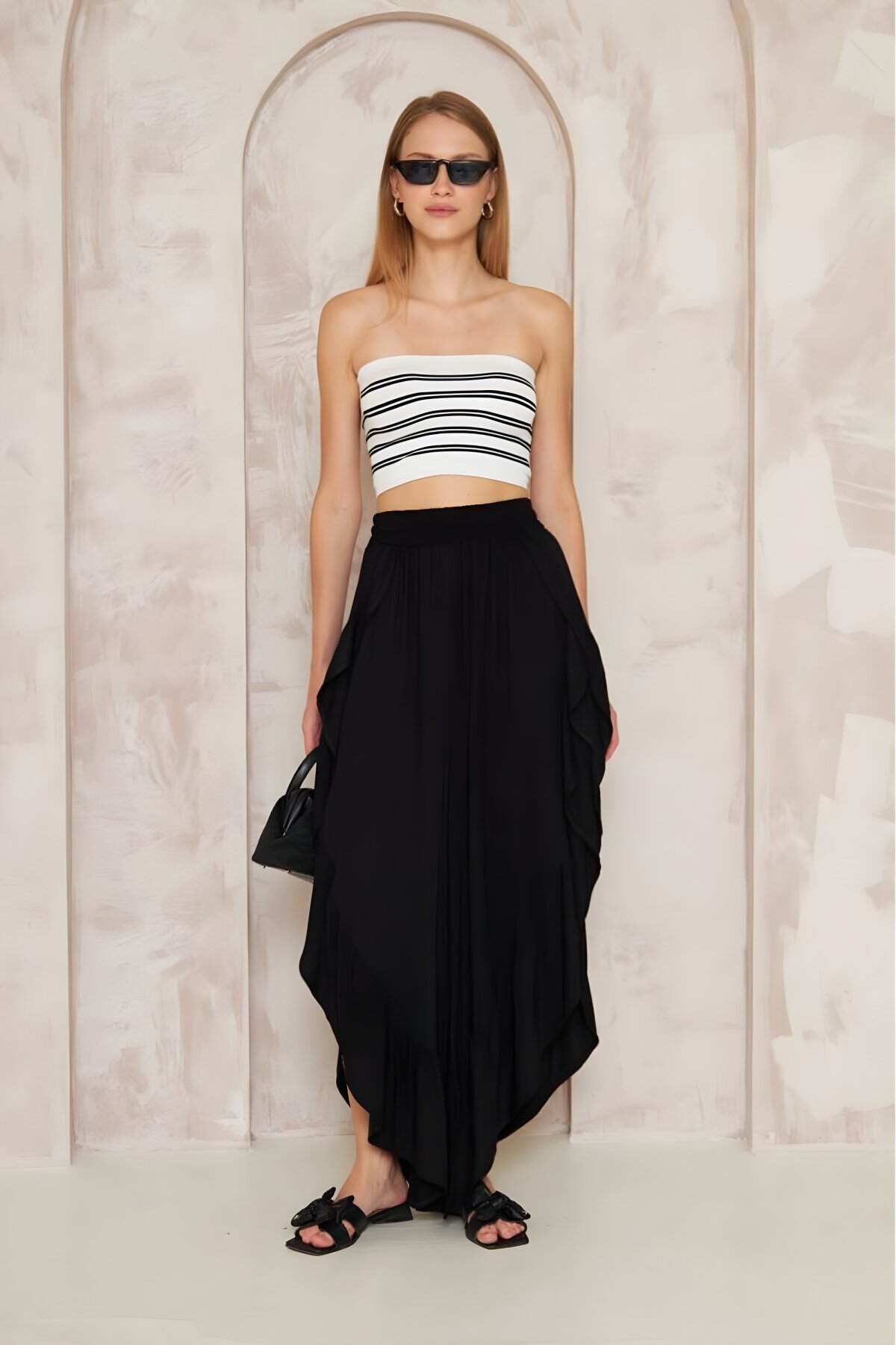 Siyah Otantik Salaş Beli Lastikli Bohem Yırtmaçlı Şalvar Etek Pantolon