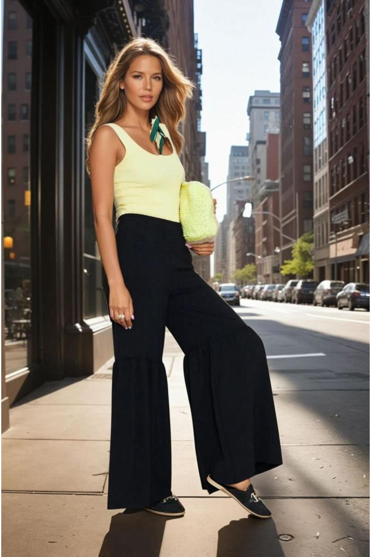 Relaxed Fit Aerobin Fabric Elastic Waist Ruched Hem Pants - Black - Pasaklı Giyim