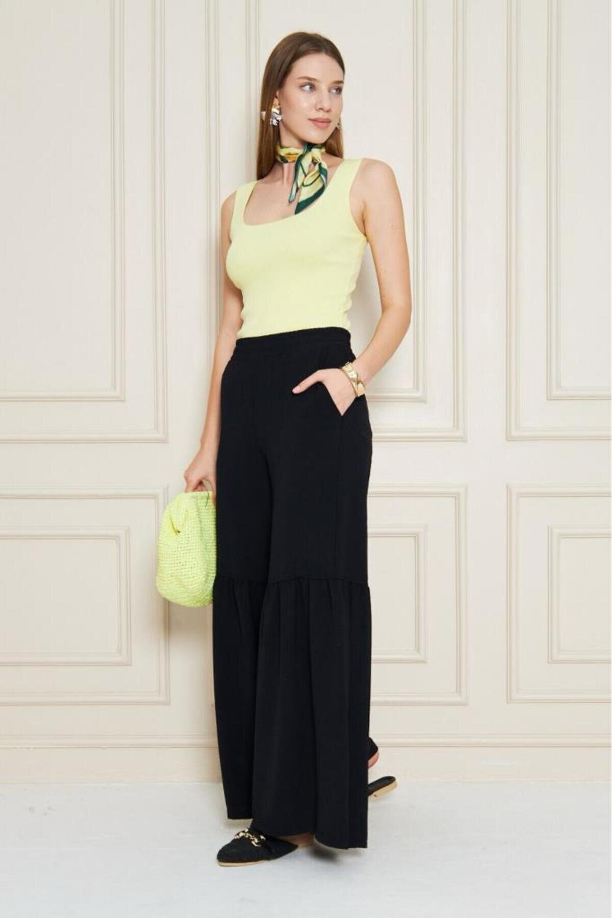 Relaxed Fit Aerobin Fabric Elastic Waist Ruched Hem Pants - Black - Pasaklı Giyim