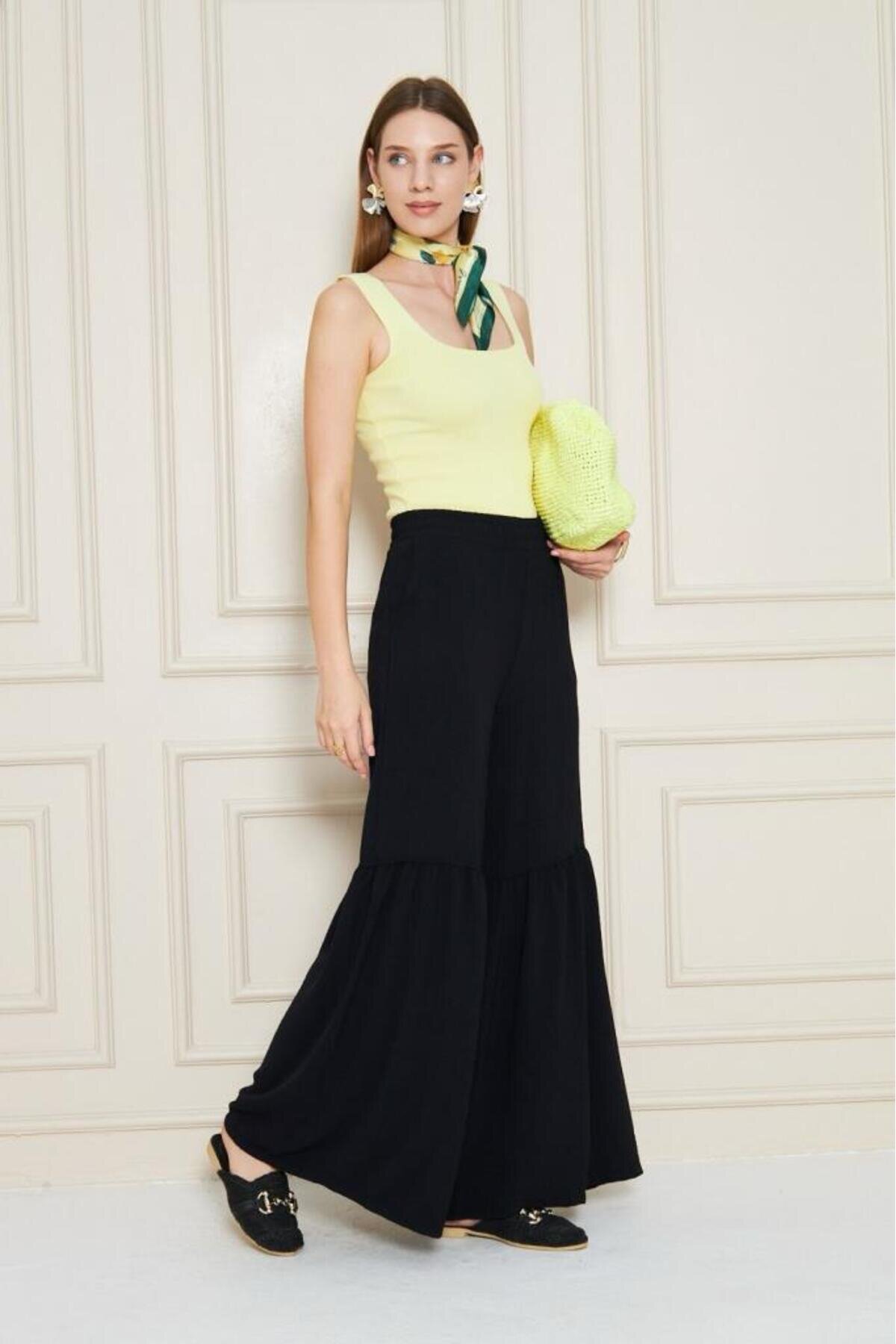 Relaxed Fit Aerobin Fabric Elastic Waist Ruched Hem Pants - Black - Pasaklı Giyim