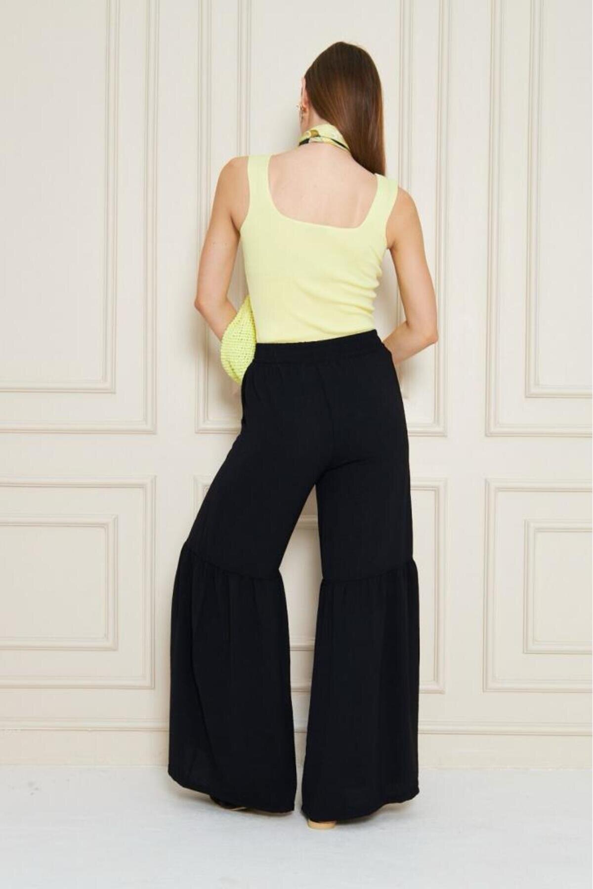 Relaxed Fit Aerobin Fabric Elastic Waist Ruched Hem Pants - Black - Pasaklı Giyim