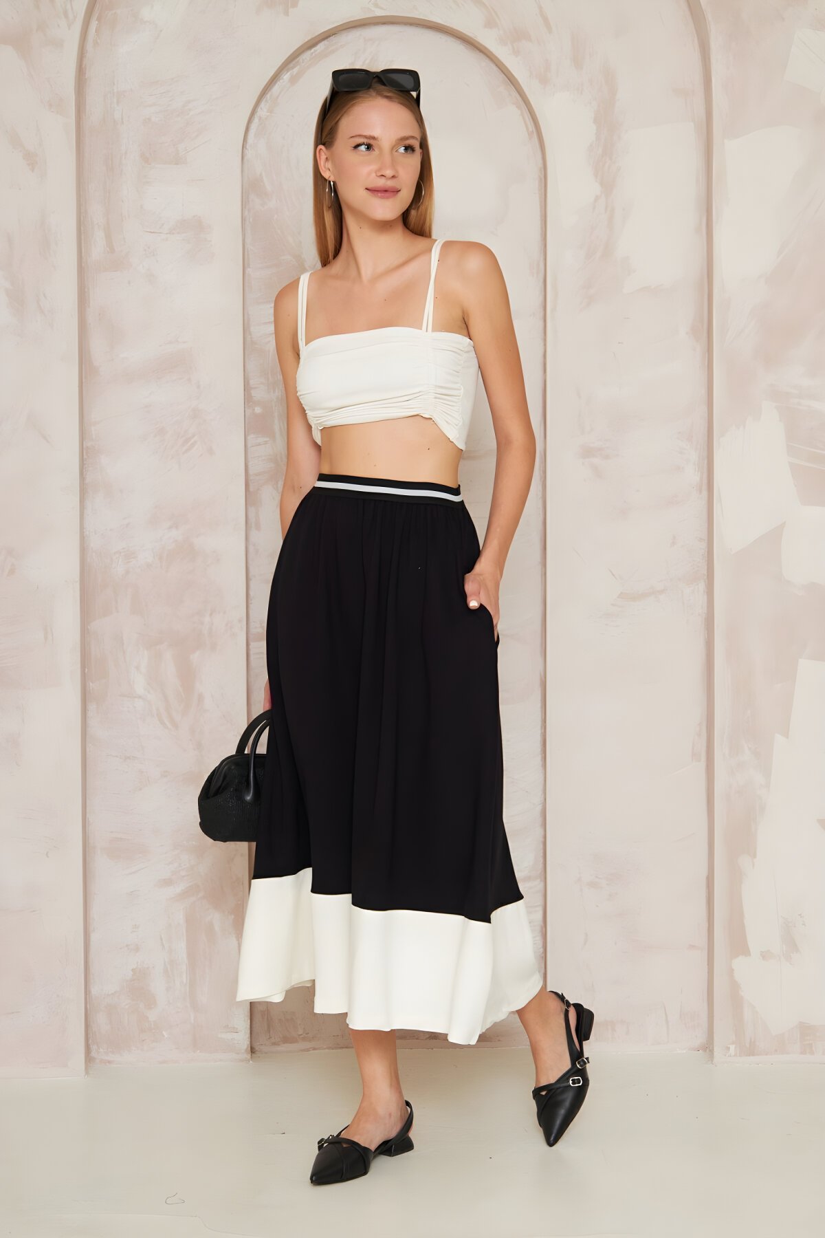 Siyah Şeritli Bloklu Uzun Salaş Bohem Kloş Beli Lastikli Cepli Etek