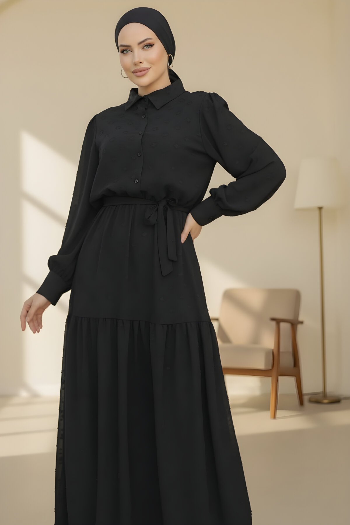 Siyah Balon Kollu Elbise Siyah Balon Kollu Elbise