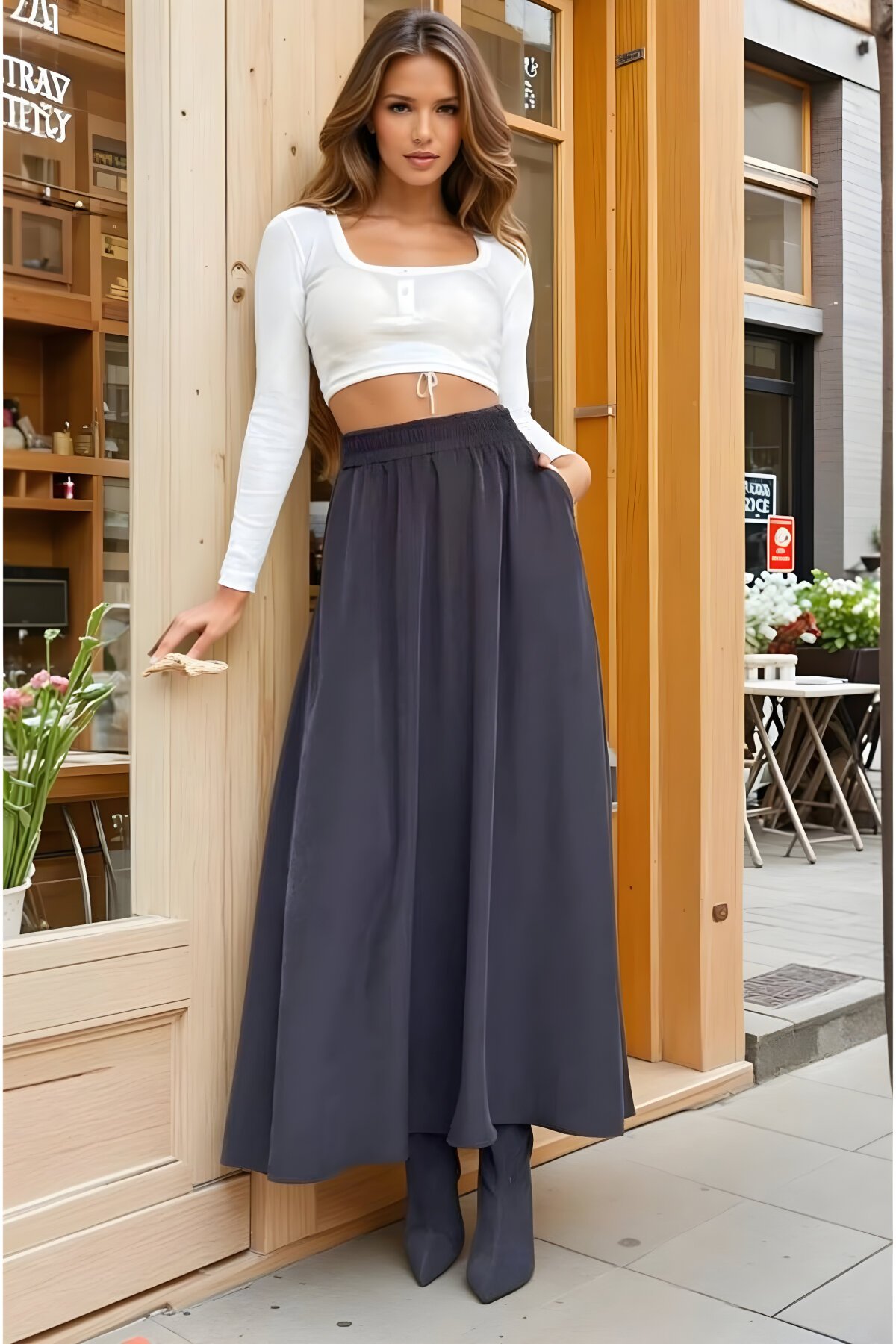 Siyah Uzun A Kesim Salaş Beli Lastikli Yüksek Bel Kupra Etek