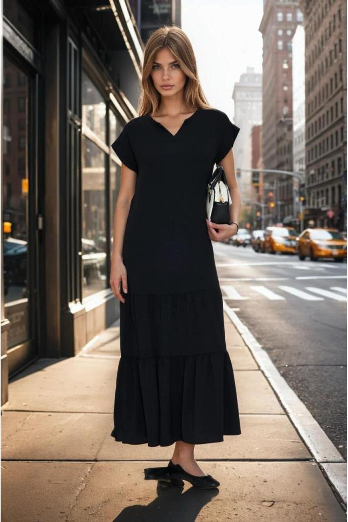 Long Loose Short Sleeve Ruffled Hem Epaulette Detailed Dress - Black - Pasaklı Giyim