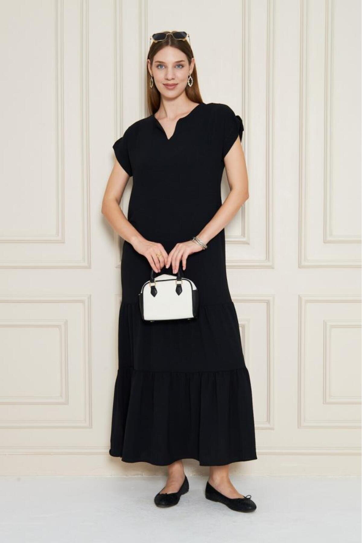 Long Loose Short Sleeve Ruffled Hem Epaulette Detailed Dress - Black - Pasaklı Giyim