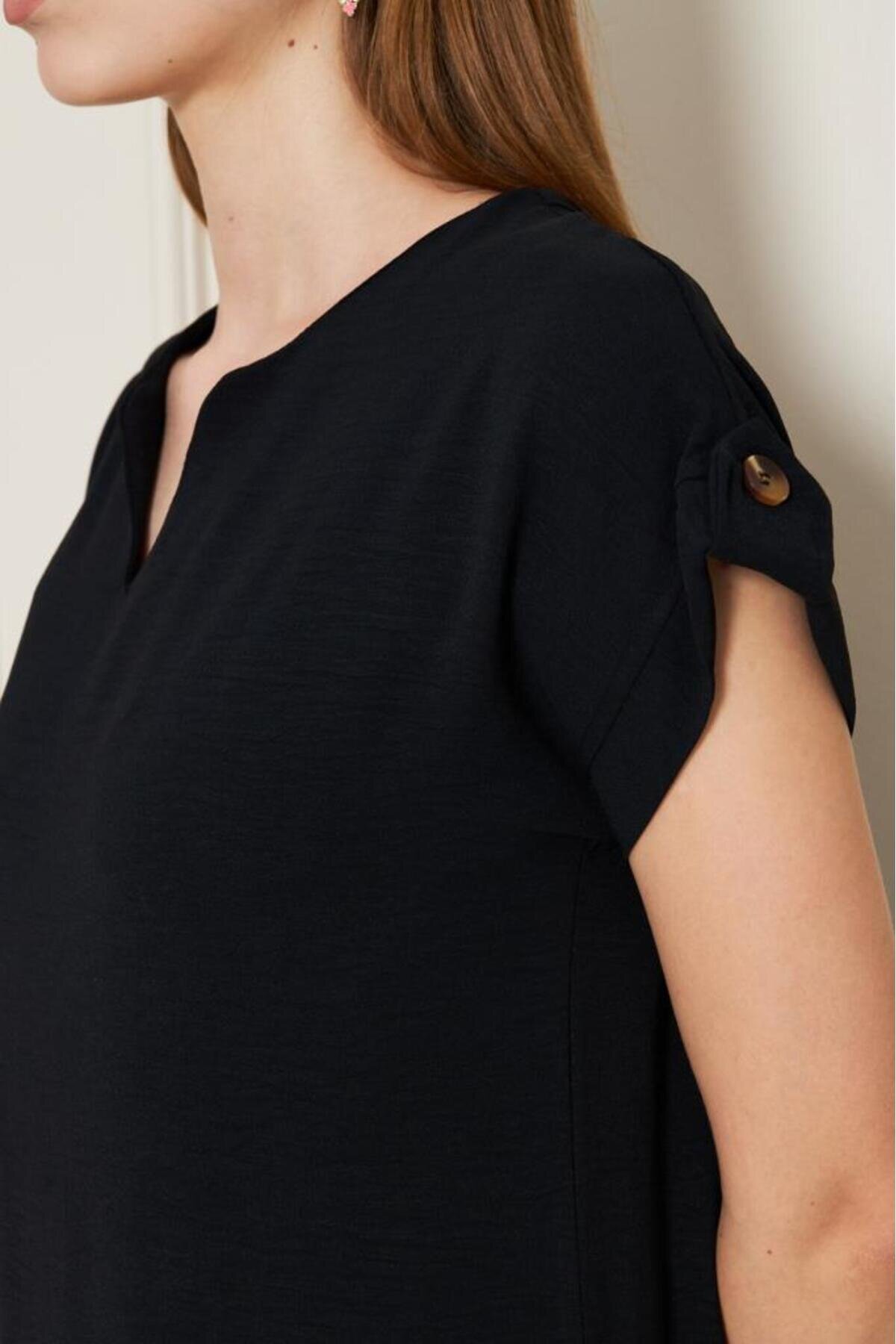 Long Loose Short Sleeve Ruffled Hem Epaulette Detailed Dress - Black - Pasaklı Giyim