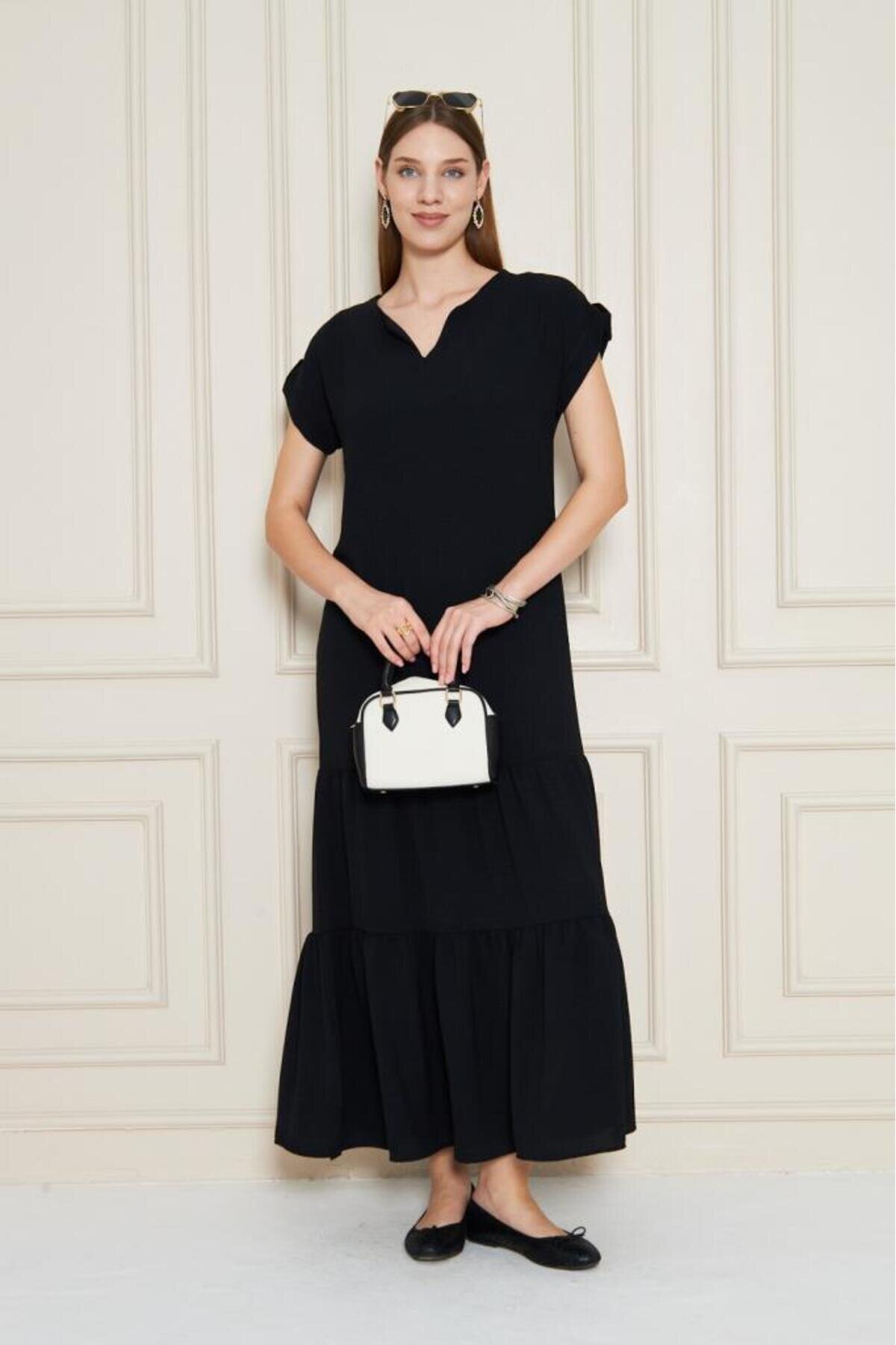 Long Loose Short Sleeve Ruffled Hem Epaulette Detailed Dress - Black - Pasaklı Giyim