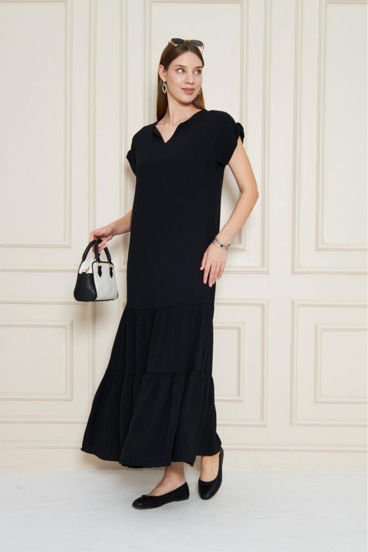 Long Loose Short Sleeve Ruffled Hem Epaulette Detailed Dress - Black - Pasaklı Giyim