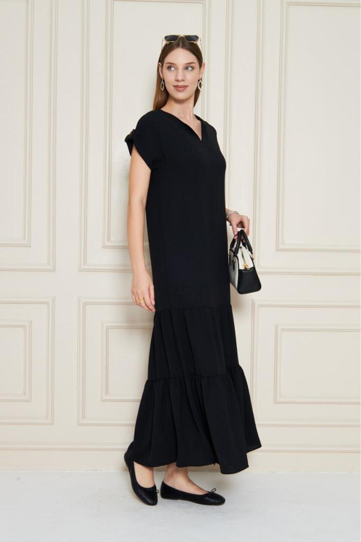 Long Loose Short Sleeve Ruffled Hem Epaulette Detailed Dress - Black - Pasaklı Giyim